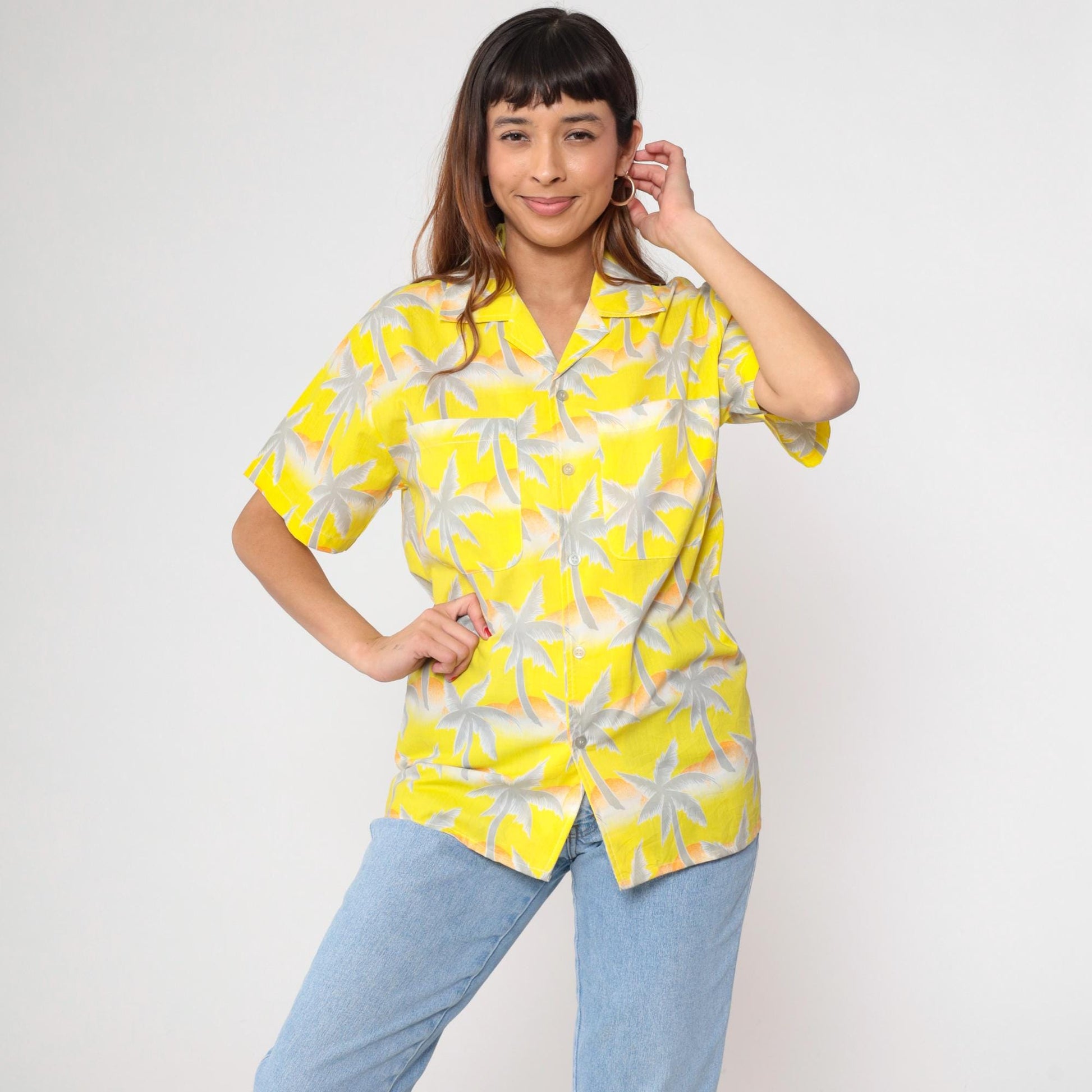80s Tropicana Hawaiian Shirt Yellow Palm Tree Orange White Small
