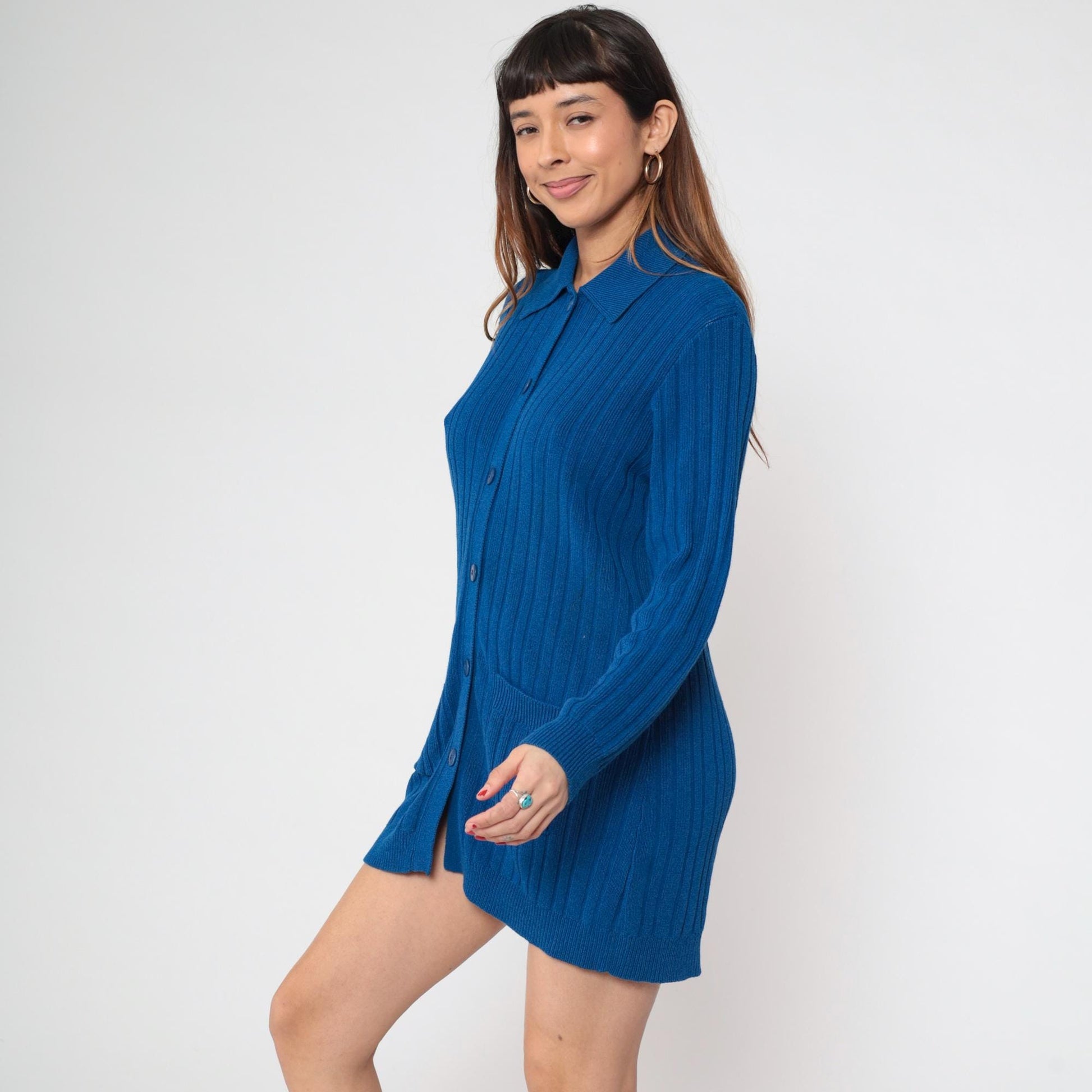 80s Andrea Jovine Blue Ribbed Cardigan Pointed Collar Pockets Large L