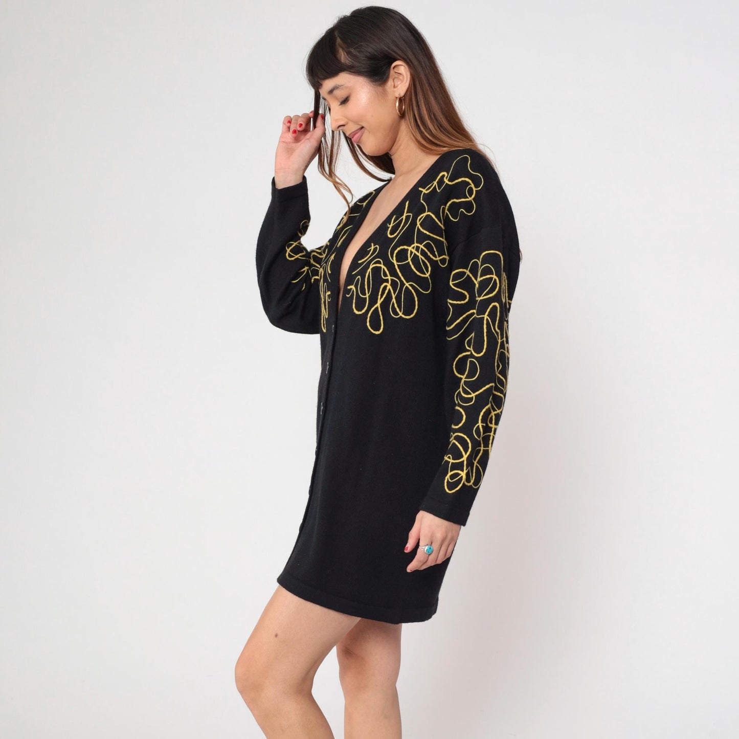 90s Mondi Black Cardigan Gold Embroidered Abstract Wool Blend Longline Medium
