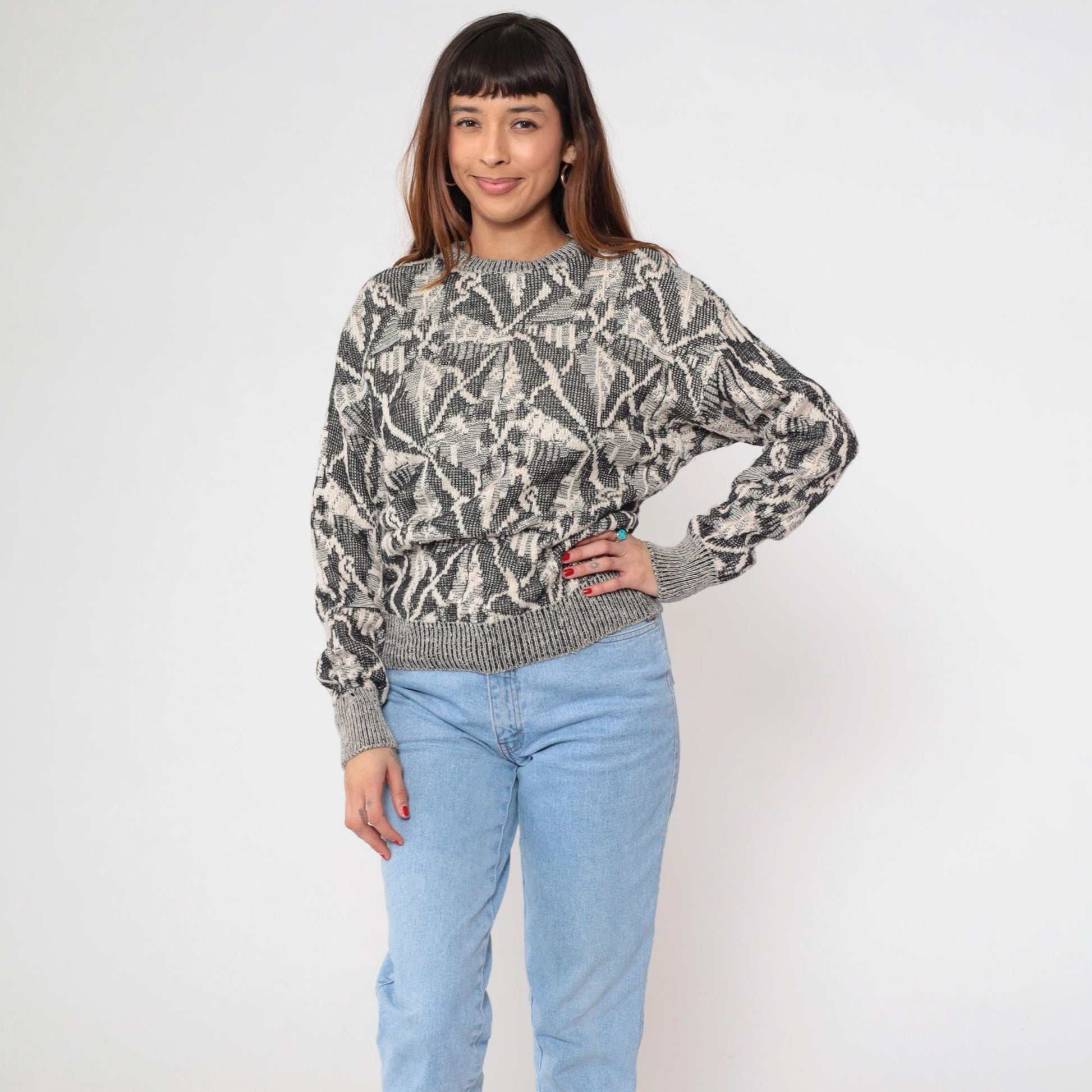 80s Collezione Zenio Abstract Geometric Knit Sweater Grey Cream Small