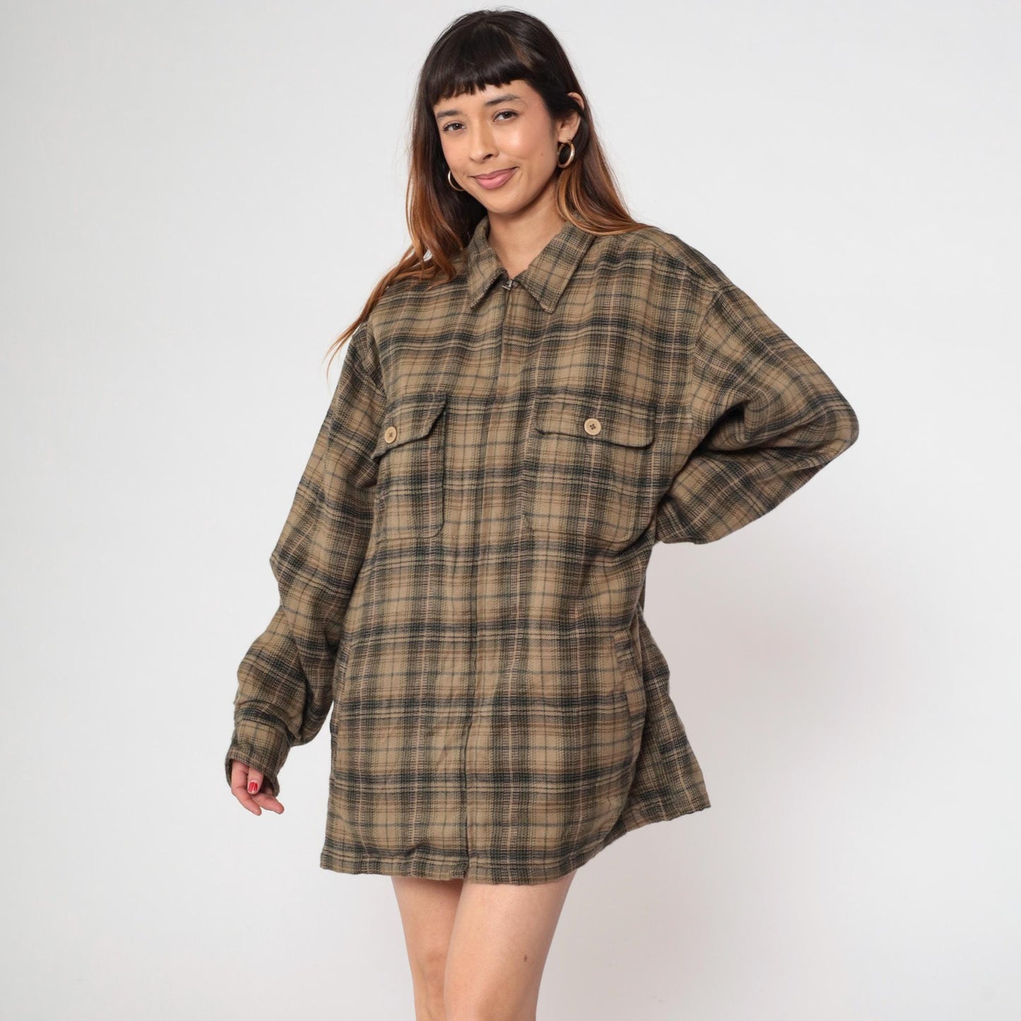 Y2K Shaver Lake Plaid Shirt Jacket Brown Green Checked Collared Large L