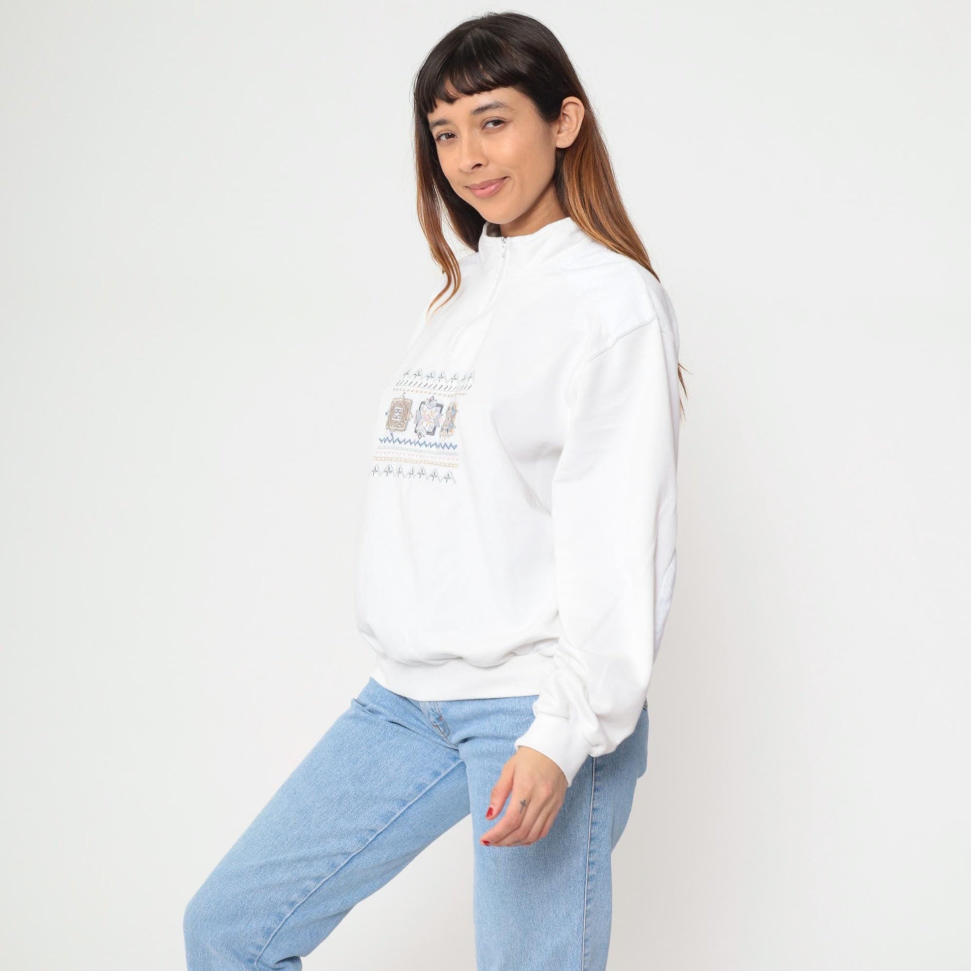 80s Alfred Dunner Quarter-Zip Sweatshirt White Geometric Embroidered Extra Large