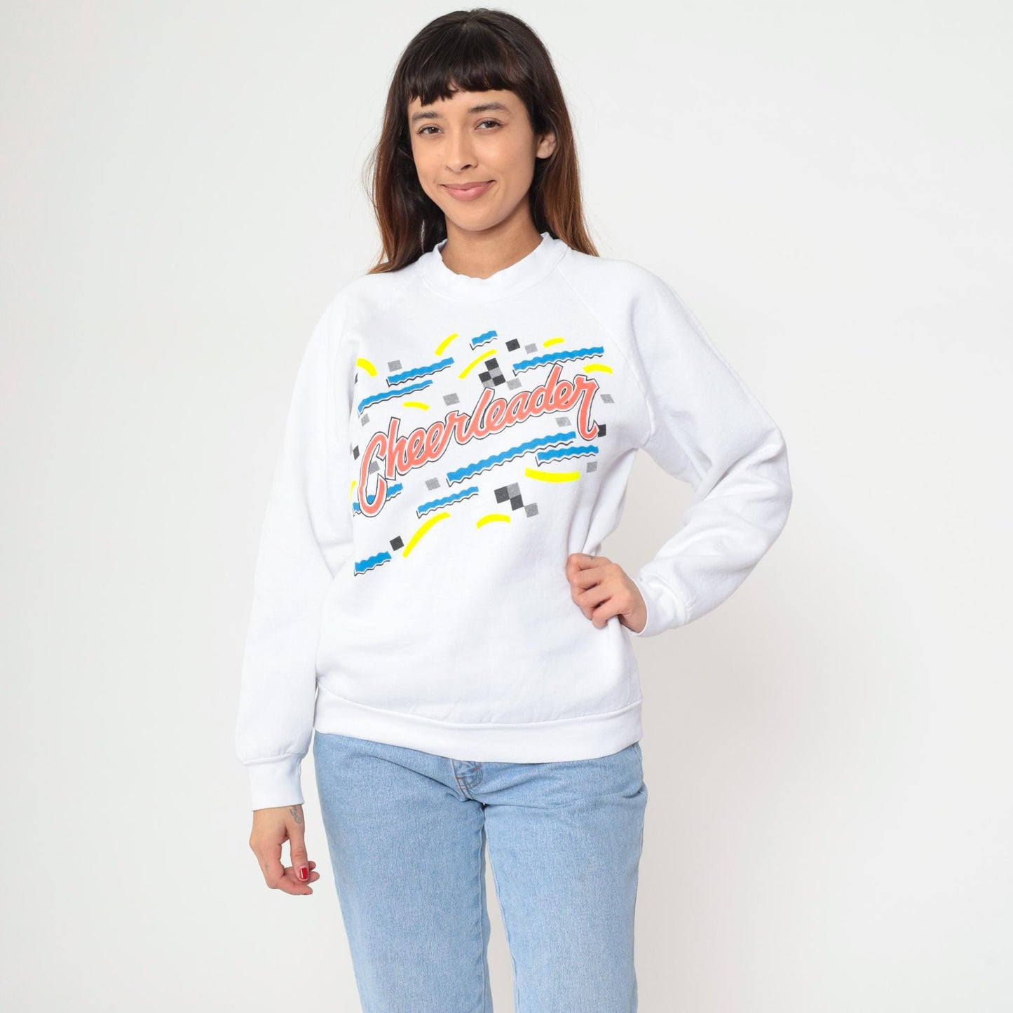 90s Cheerleader Sweatshirt White Graphic Raglan Pullover Large L