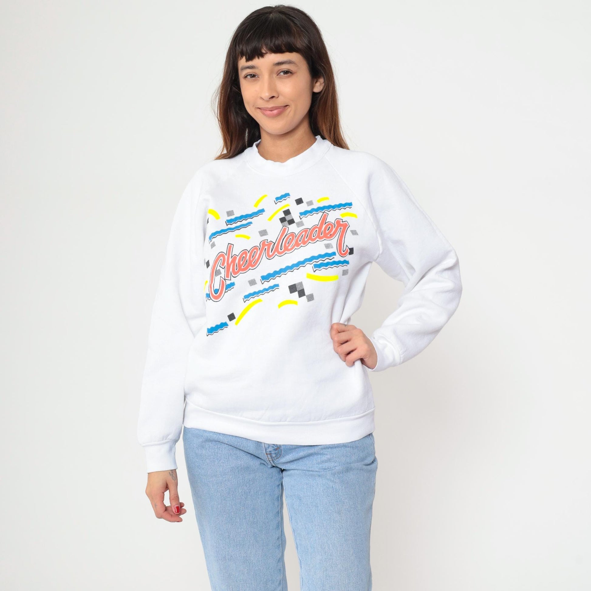 90s Cheerleader Sweatshirt White Graphic Raglan Pullover Large L