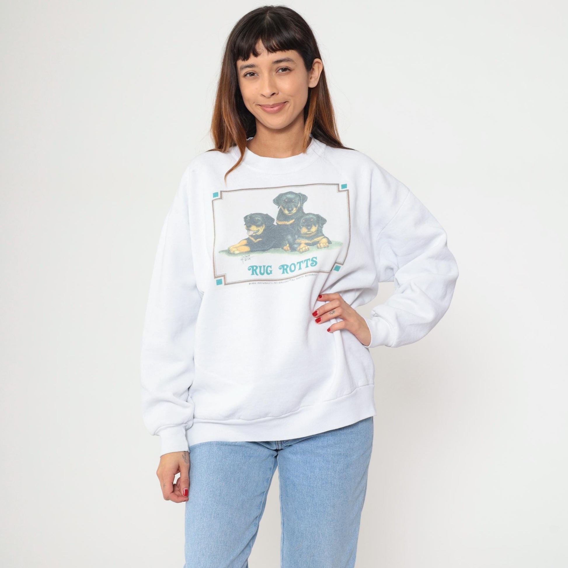 90s Rottweiler Puppies Graphic Sweatshirt White Jerzees Crewneck Extra Large XL