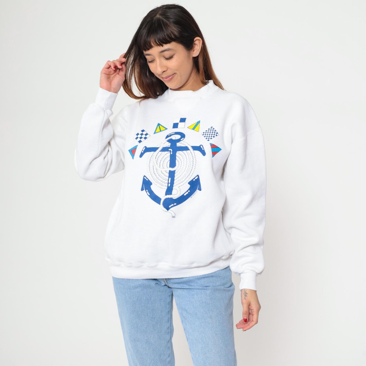 90s Russell Athletic Nautical Anchor Sweatshirt White Embroidered Signal Flags Extra Large XL
