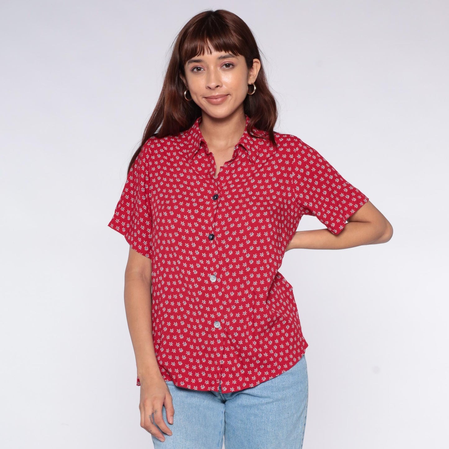 90s Clio Petites Red Floral Button-Down Shirt White Ditsy Print Large