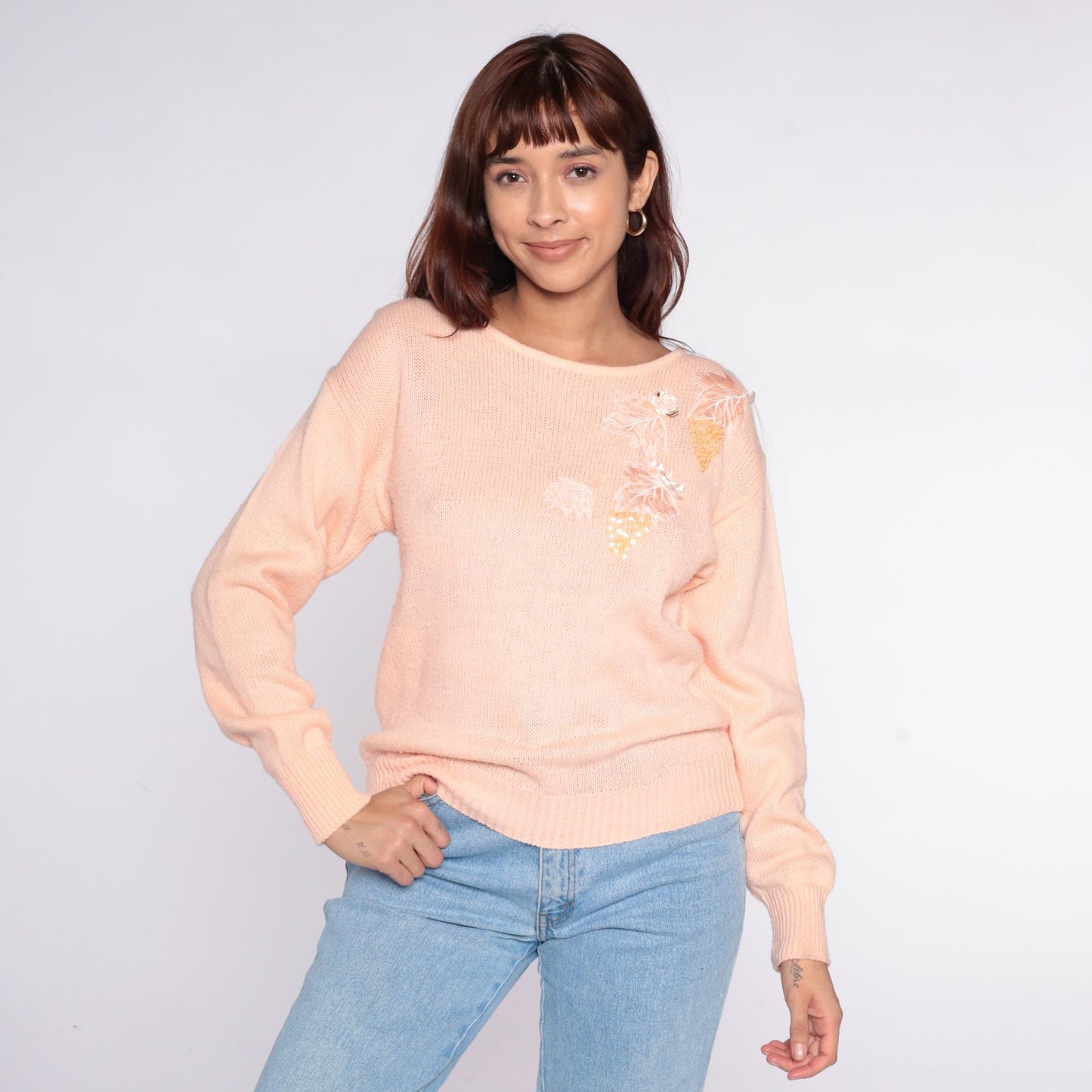 80s Peach Sequin Floral Sweater Sheridan Square Knit Pullover Small S