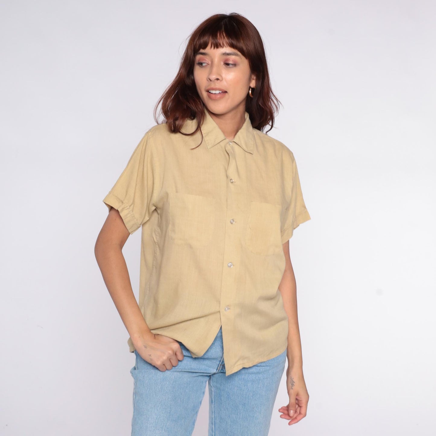 80s Beige Button-Up Shirt Pointed Collar Short Sleeve Cotton Blend Large