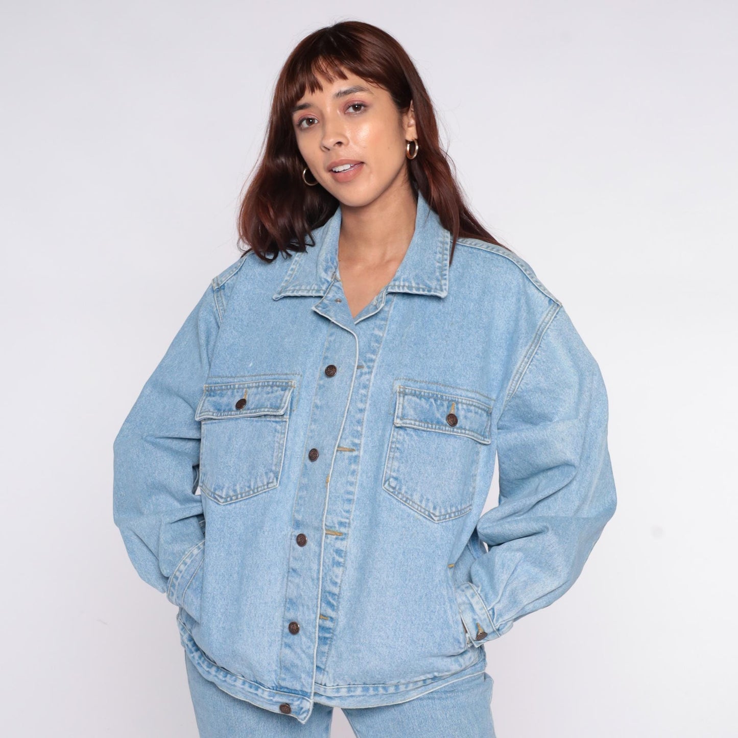90s Light Wash Denim Jacket Button Front Cotton Jean Coat Large L