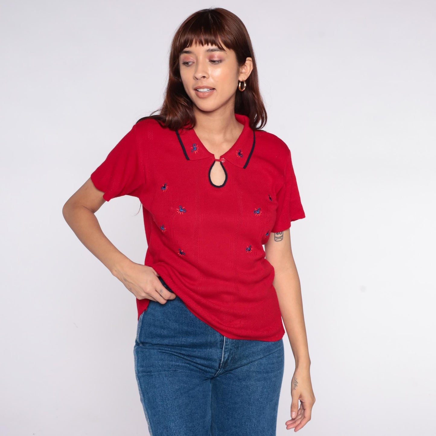 70s Lady Loana Red Polo Shirt Embroidered Flowers Keyhole Neckline Medium