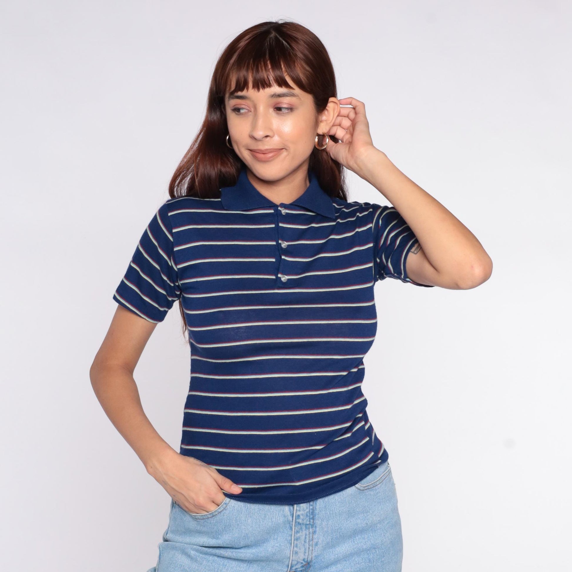 80s Navy Striped Polo Shirt White Red Horizontal Cotton Small