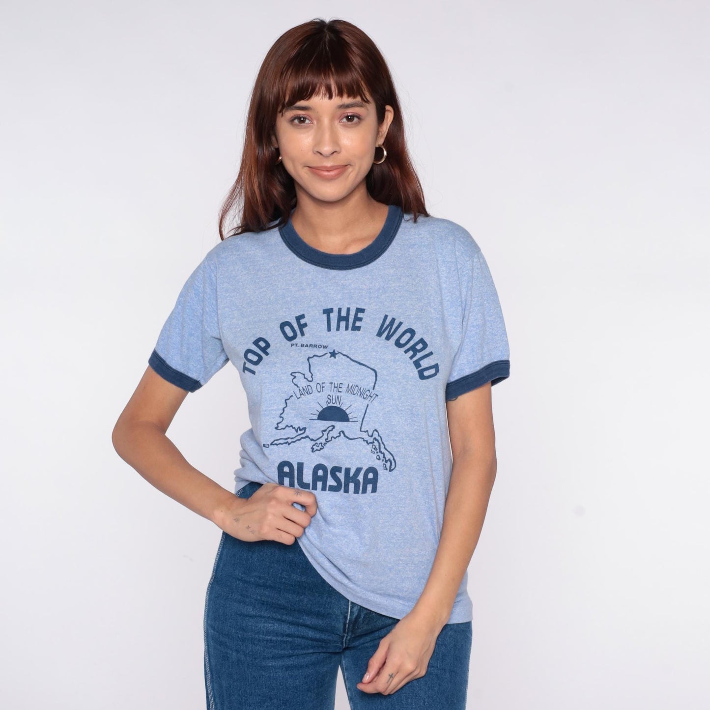 80s Alaska Tourist Ringer Tee Light Blue Navy Trim Graphic Medium
