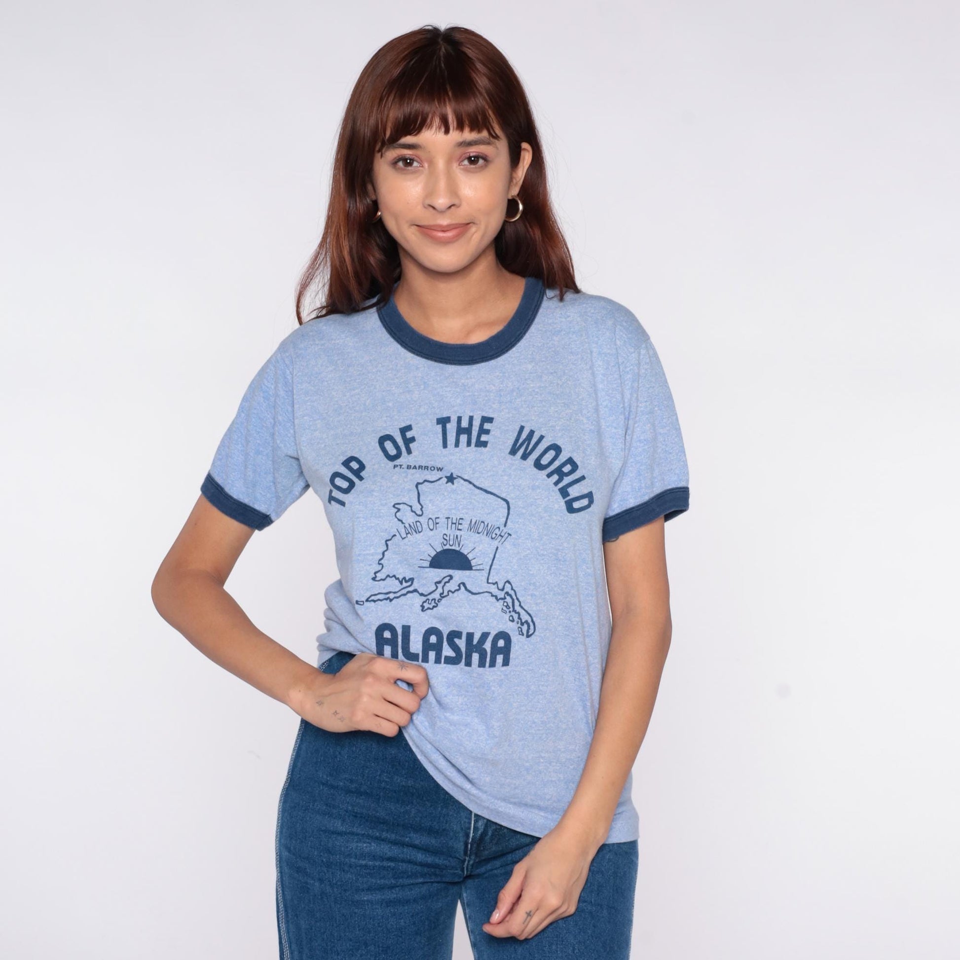 80s Alaska Tourist Ringer Tee Light Blue Navy Trim Graphic Medium