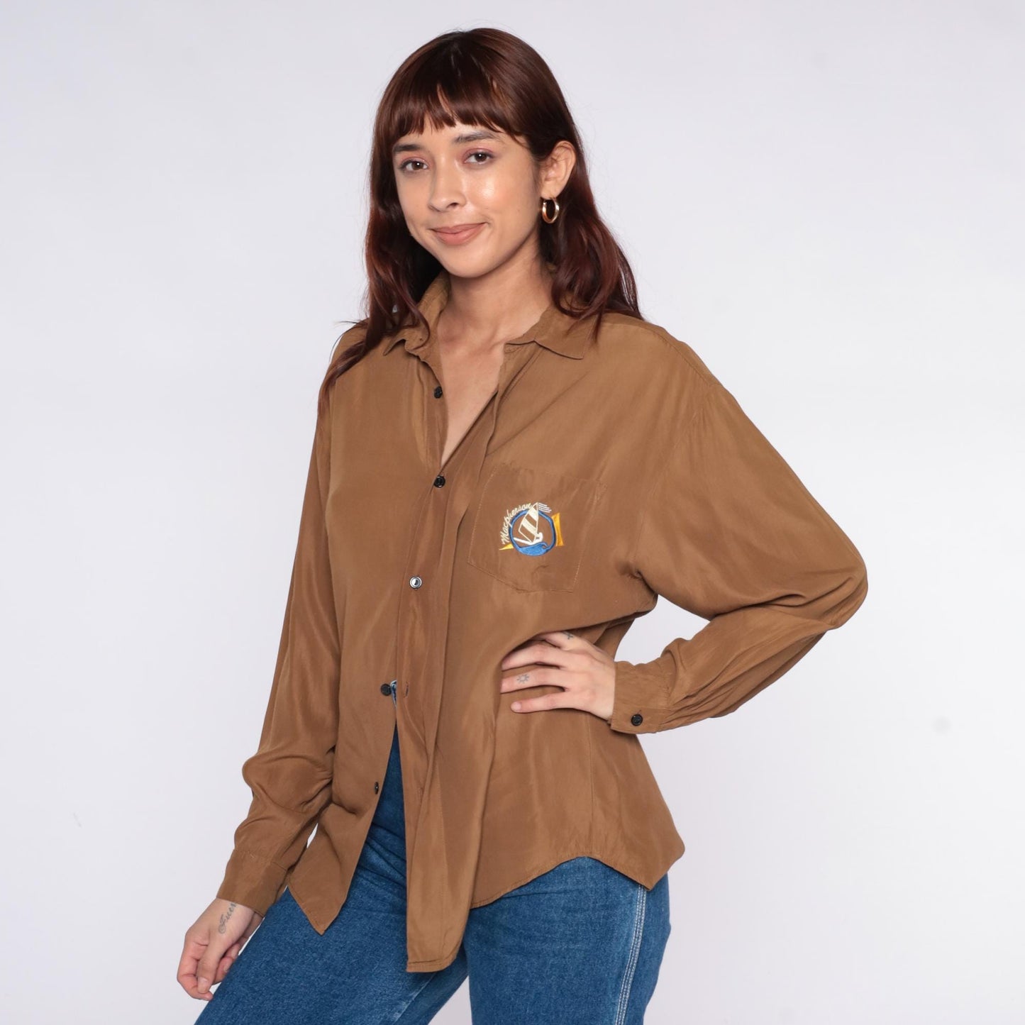 90s Brown Sailboat Embroidered Shirt Collared Long Sleeve Blouse Large L