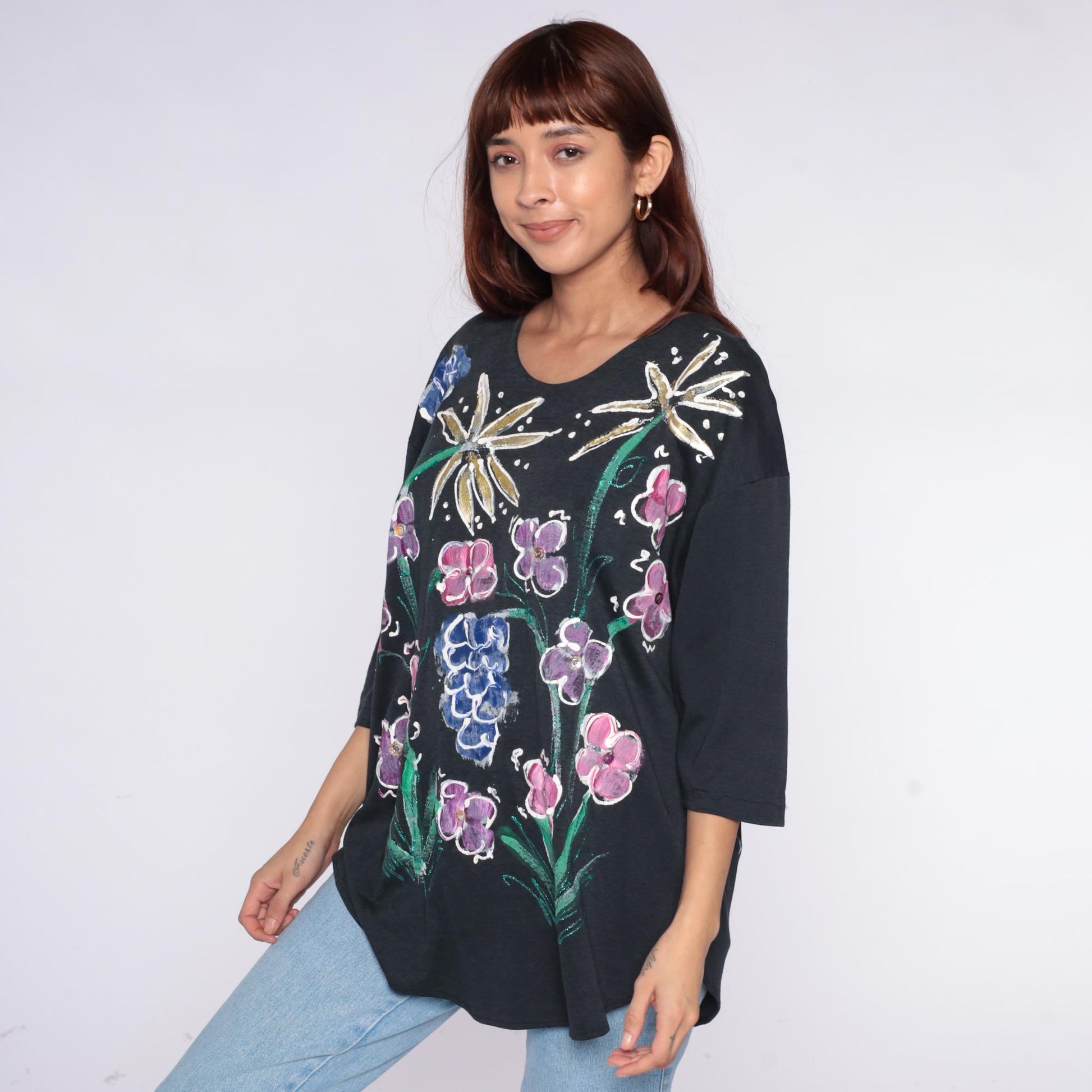 90s Baldot Hand-Painted Floral Black Cotton Tunic Medium M