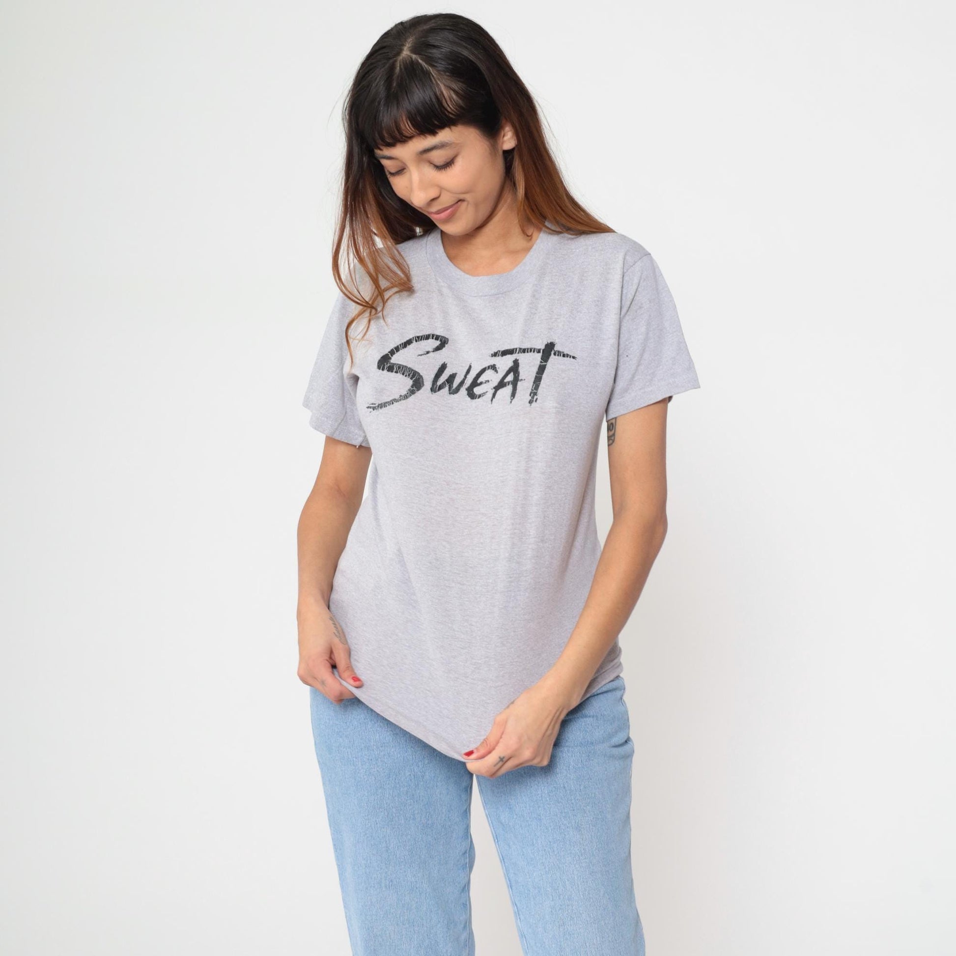 80s SWEAT Graphic T-Shirt Grey Crewneck Short Sleeve Medium
