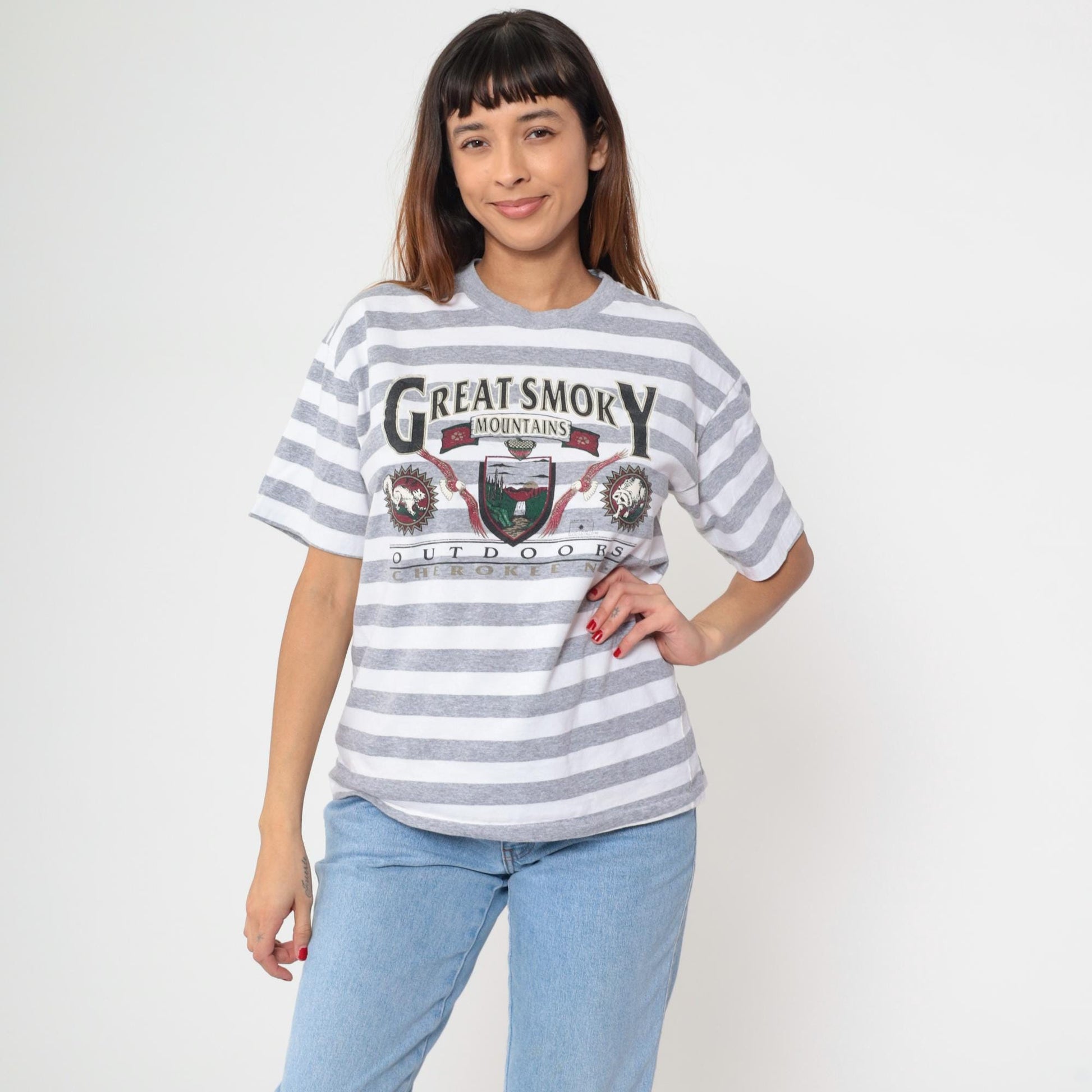 90s Great Smoky Mountains Striped Graphic Tee Grey White Large L