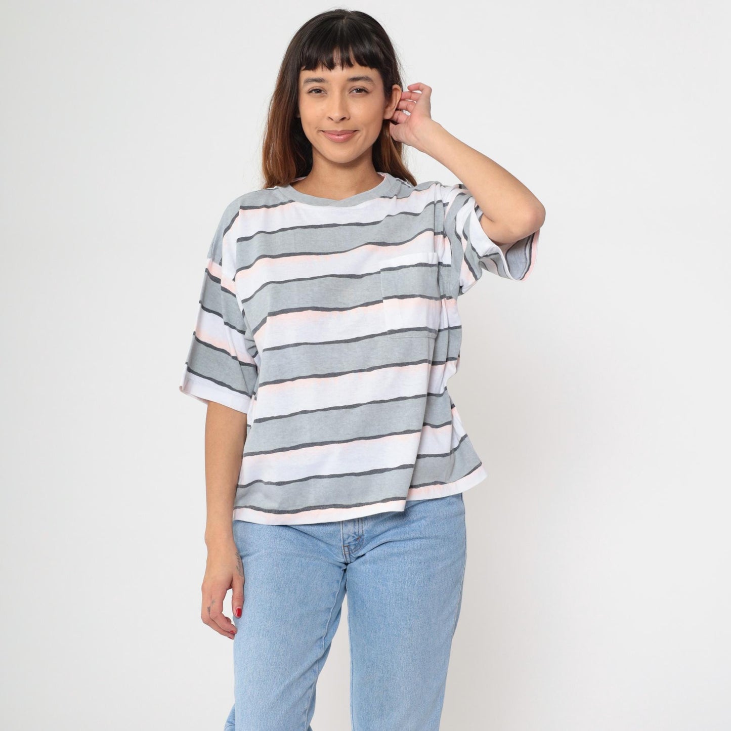 90s Striped T-Shirt Grey White Pink Charcoal Horizontal Crew Neck Medium