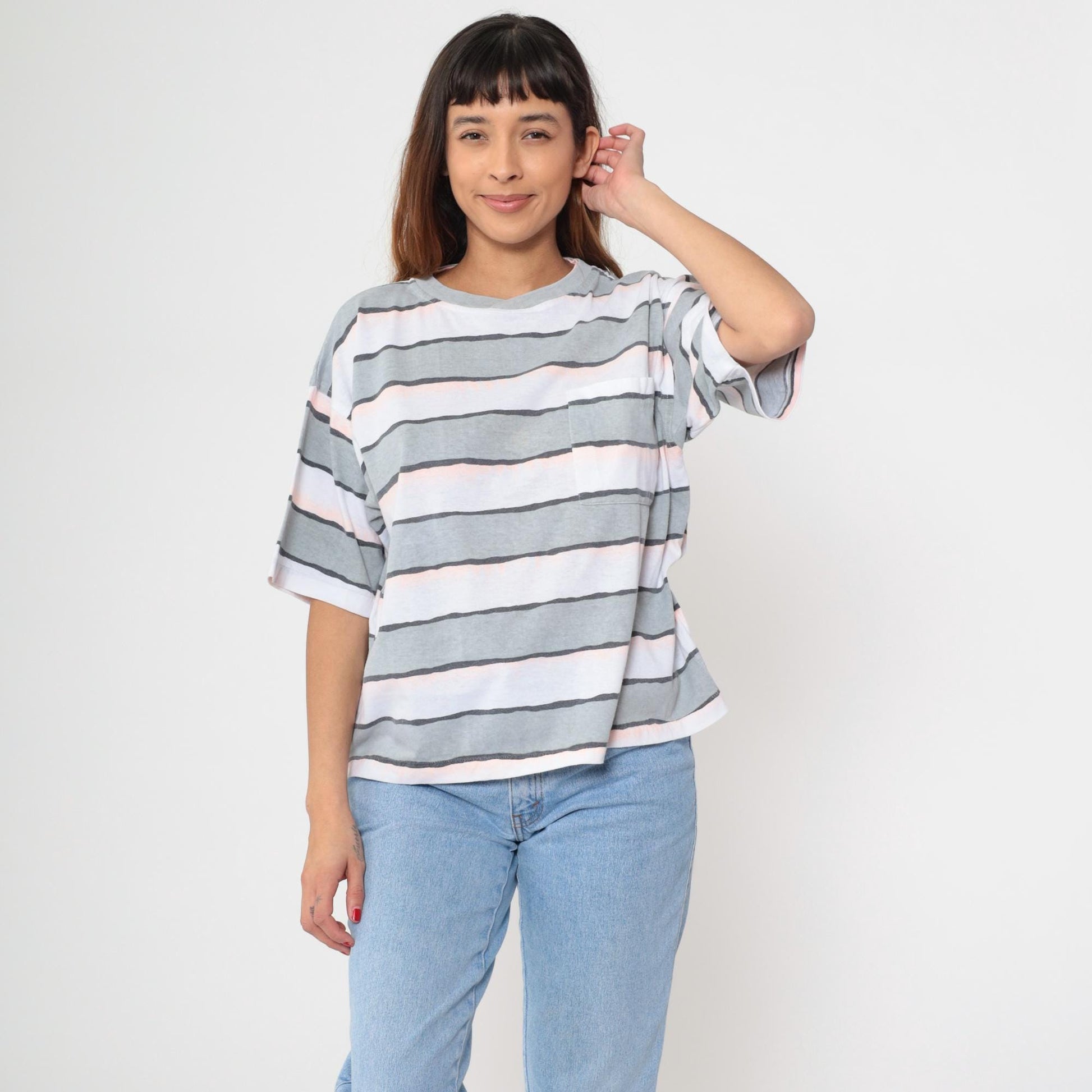 90s Striped T-Shirt Grey White Pink Charcoal Horizontal Crew Neck Medium