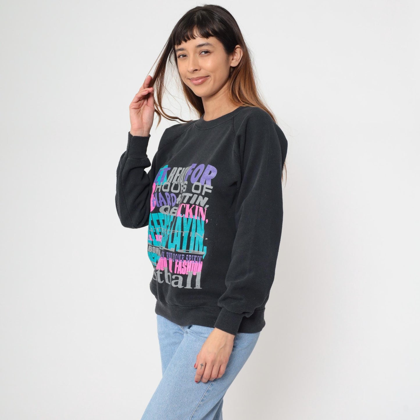 90s Hanes Football Sweatshirt Black Raglan Graphic Crew Neck Medium