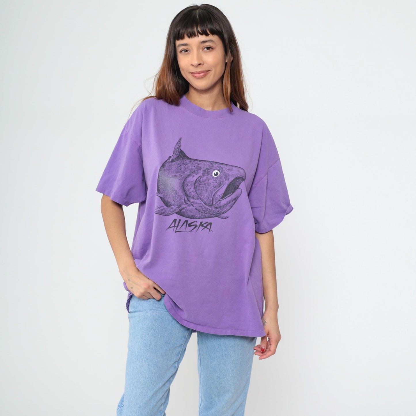 90s Oneita Purple Alaska Fish Graphic Tee Cotton Plus Size XXL