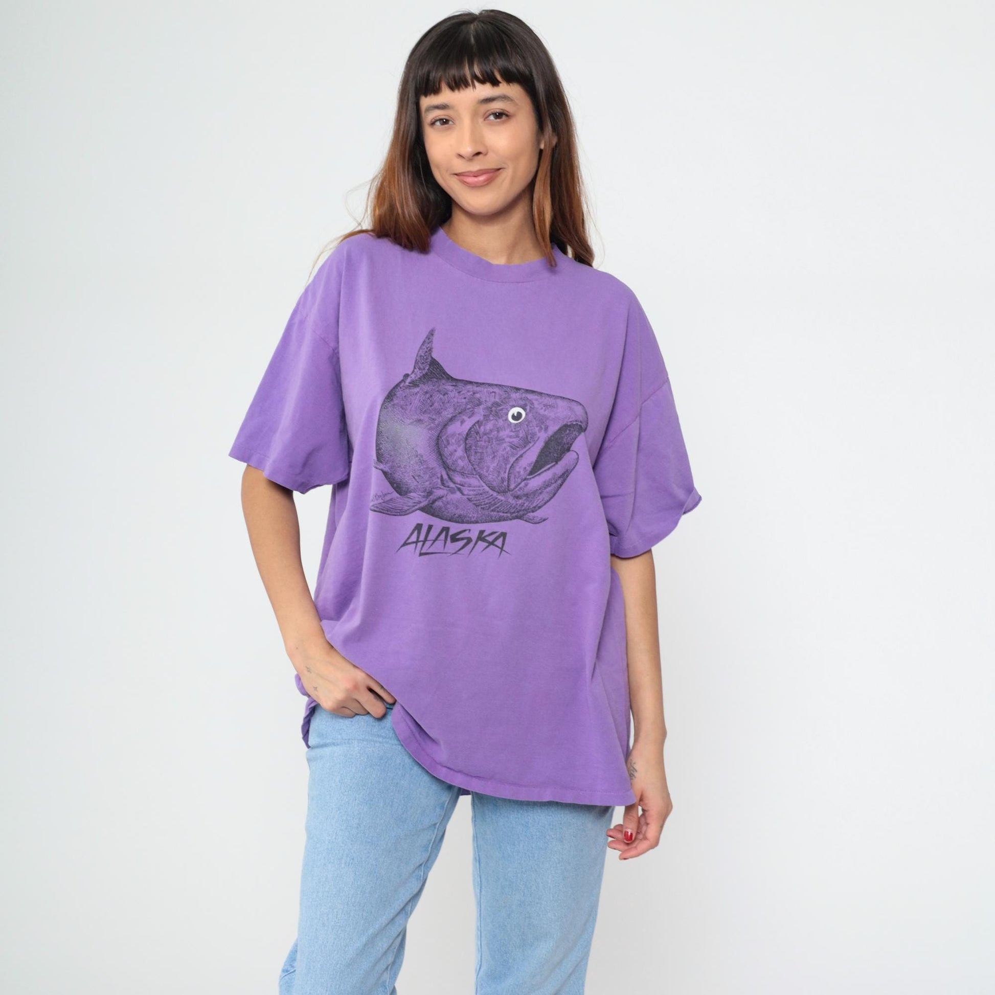 90s Oneita Purple Alaska Fish Graphic Tee Cotton Plus Size XXL