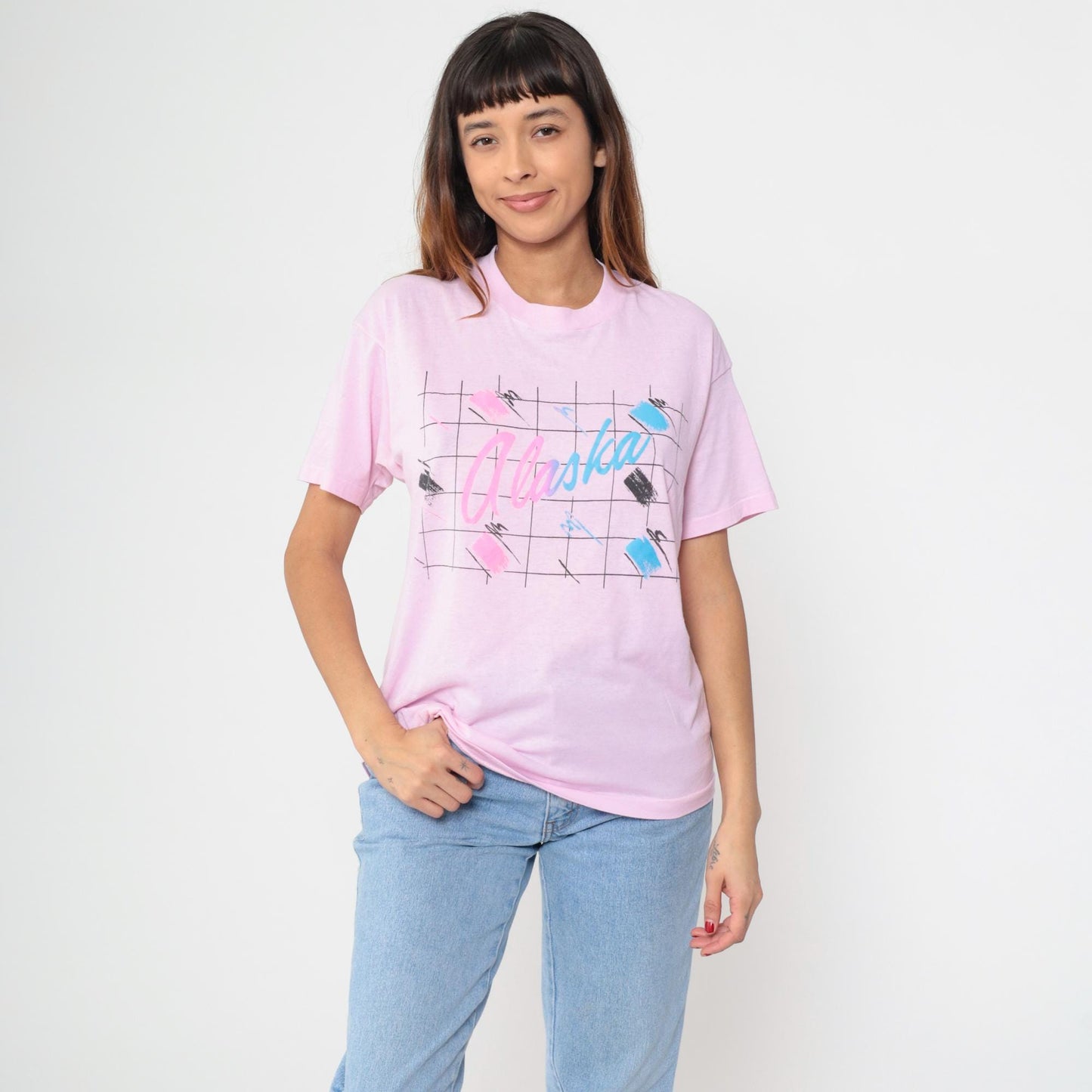 90s Alaska Pink Graphic Tee Screen Stars Crew Neck Large L