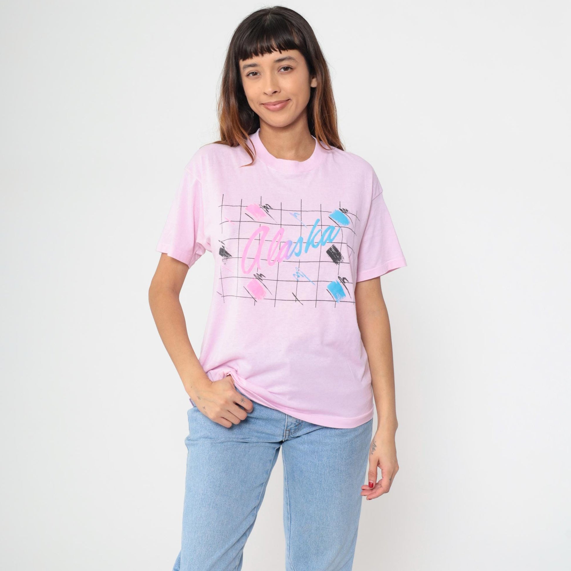 90s Alaska Pink Graphic Tee Screen Stars Crew Neck Large L