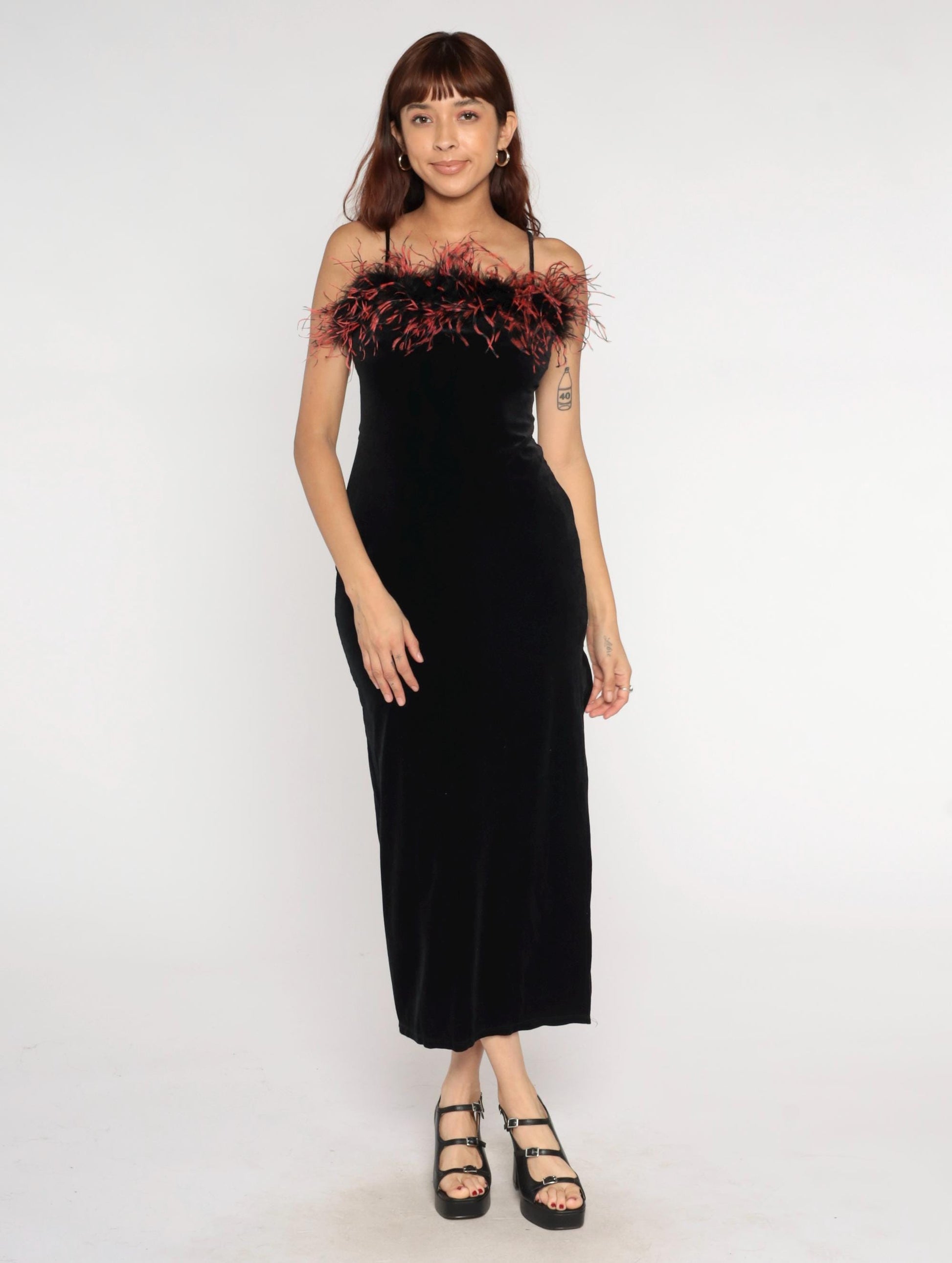 90s Black Velvet Maxi Dress Feather Trim Bodycon Slit Medium M