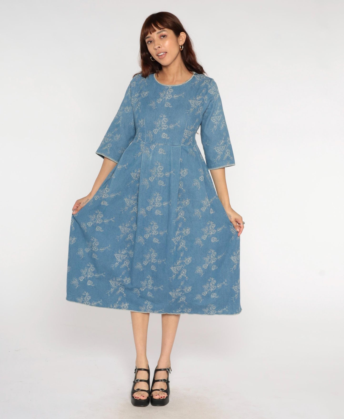 Y2K Blue Embroidered Denim Dress Floral Empire Waist A-Line Medium M