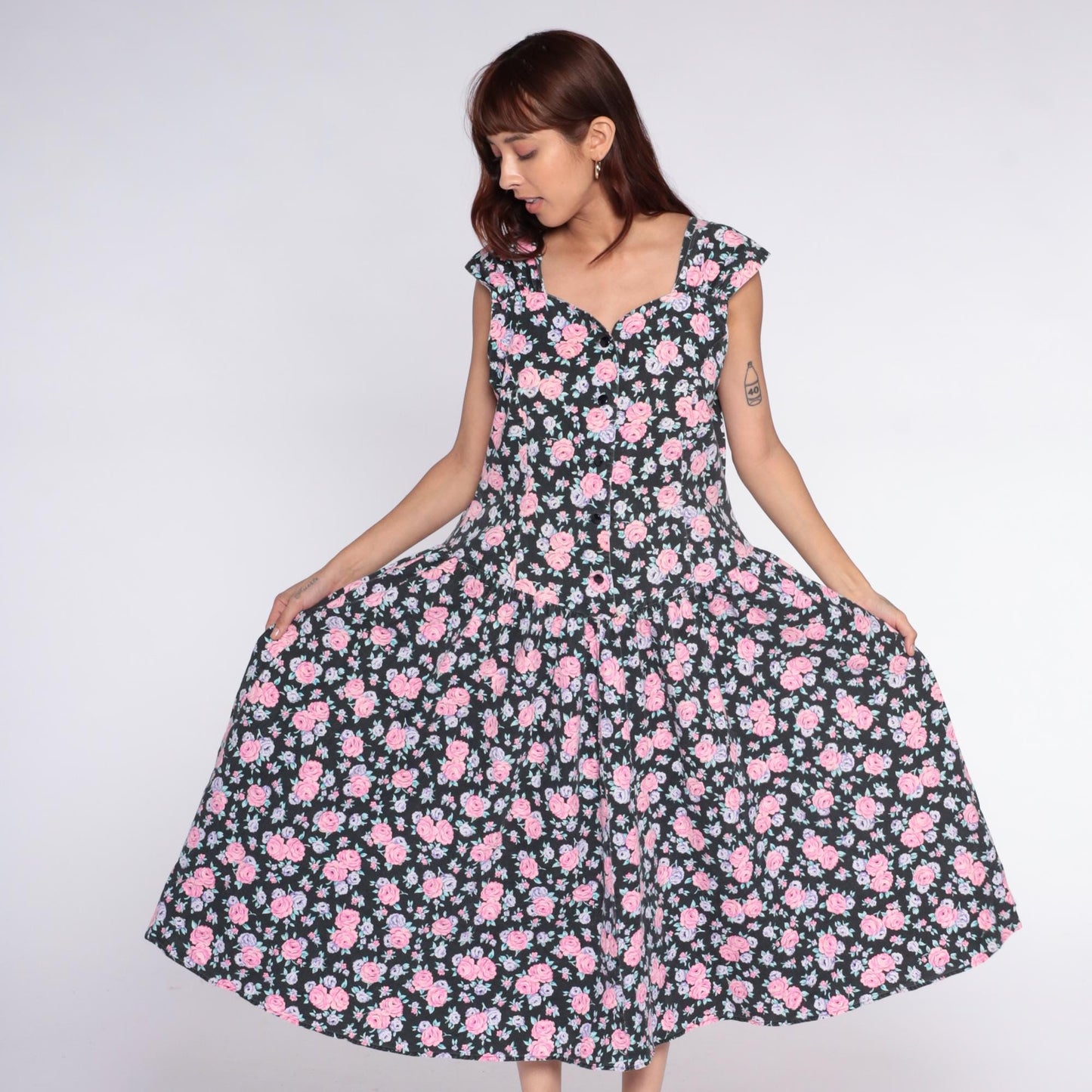 90s Black Floral Midi Dress Pink Rose Lavender Cap Sleeve V-Neck Medium