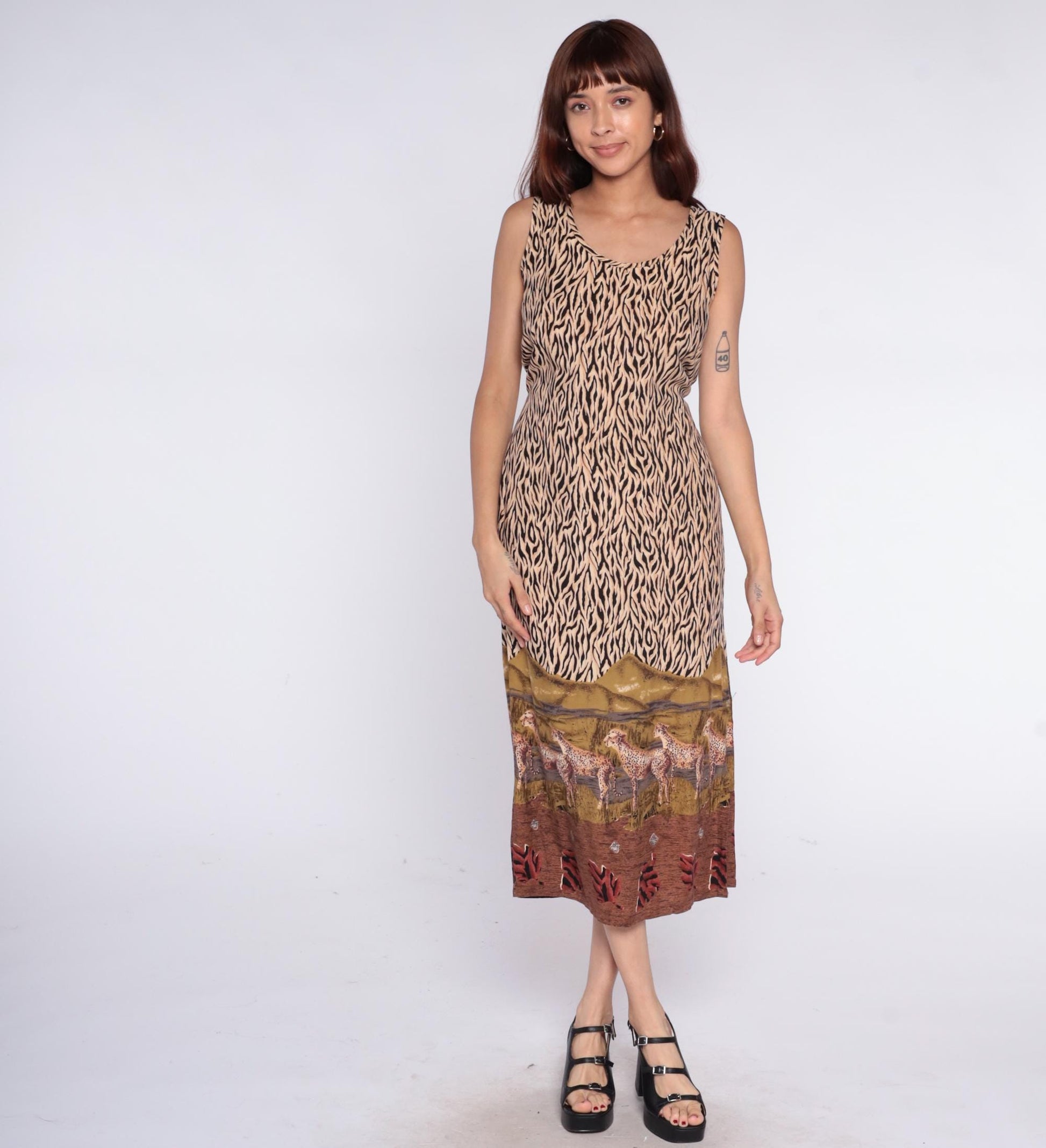 90s California Krush Safari Cheetah Midi Dress Animal Print Cream Medium