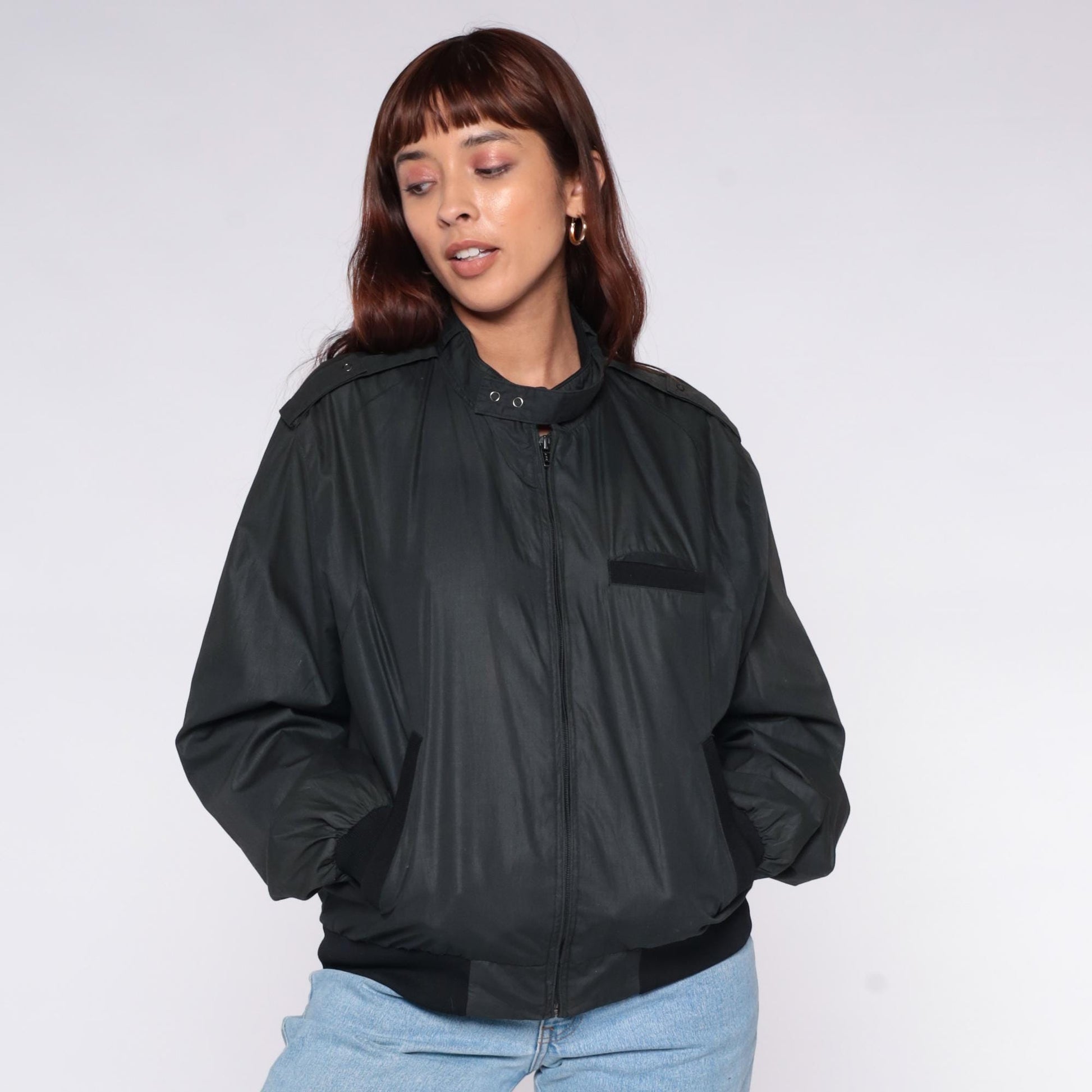 80s Black Bomber Jacket Windbreaker Flight Epaulettes Zip Front Large L