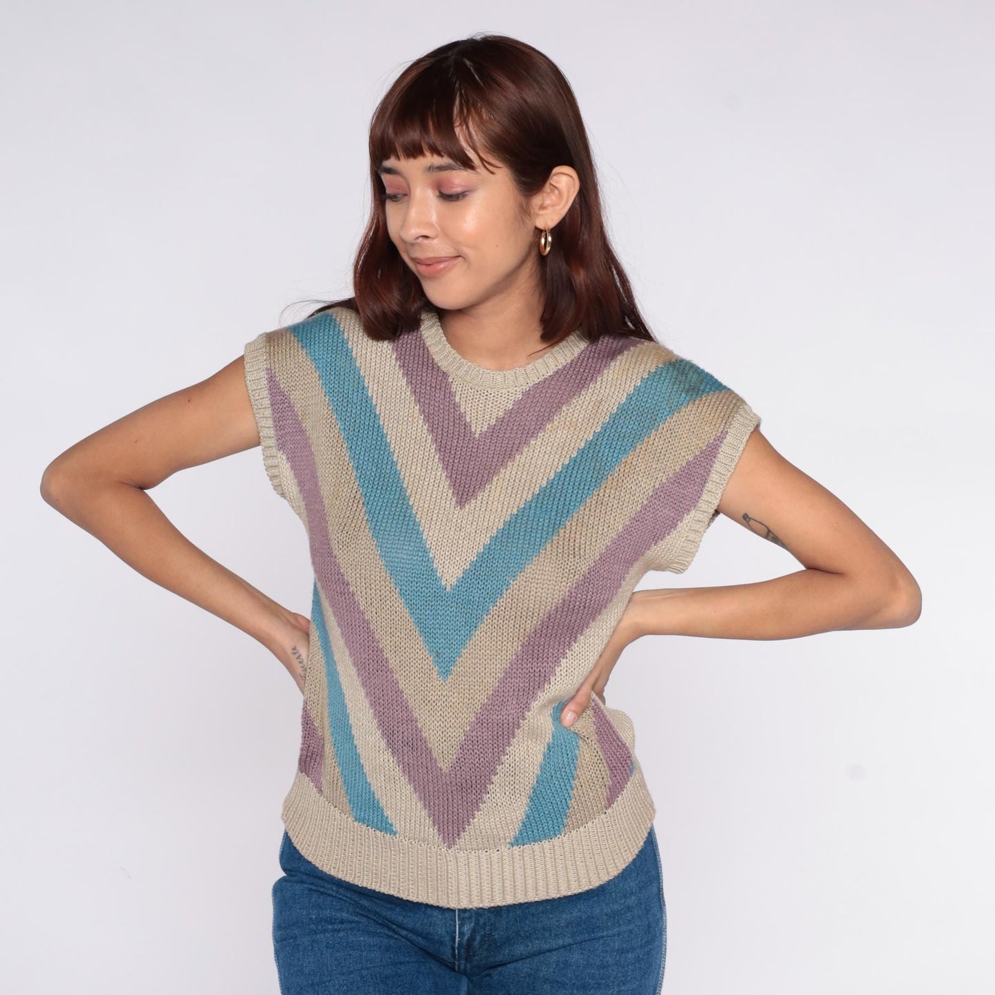 80s Chevron Stripe Knit Sweater Purple Turquoise Cream Short Sleeve Small