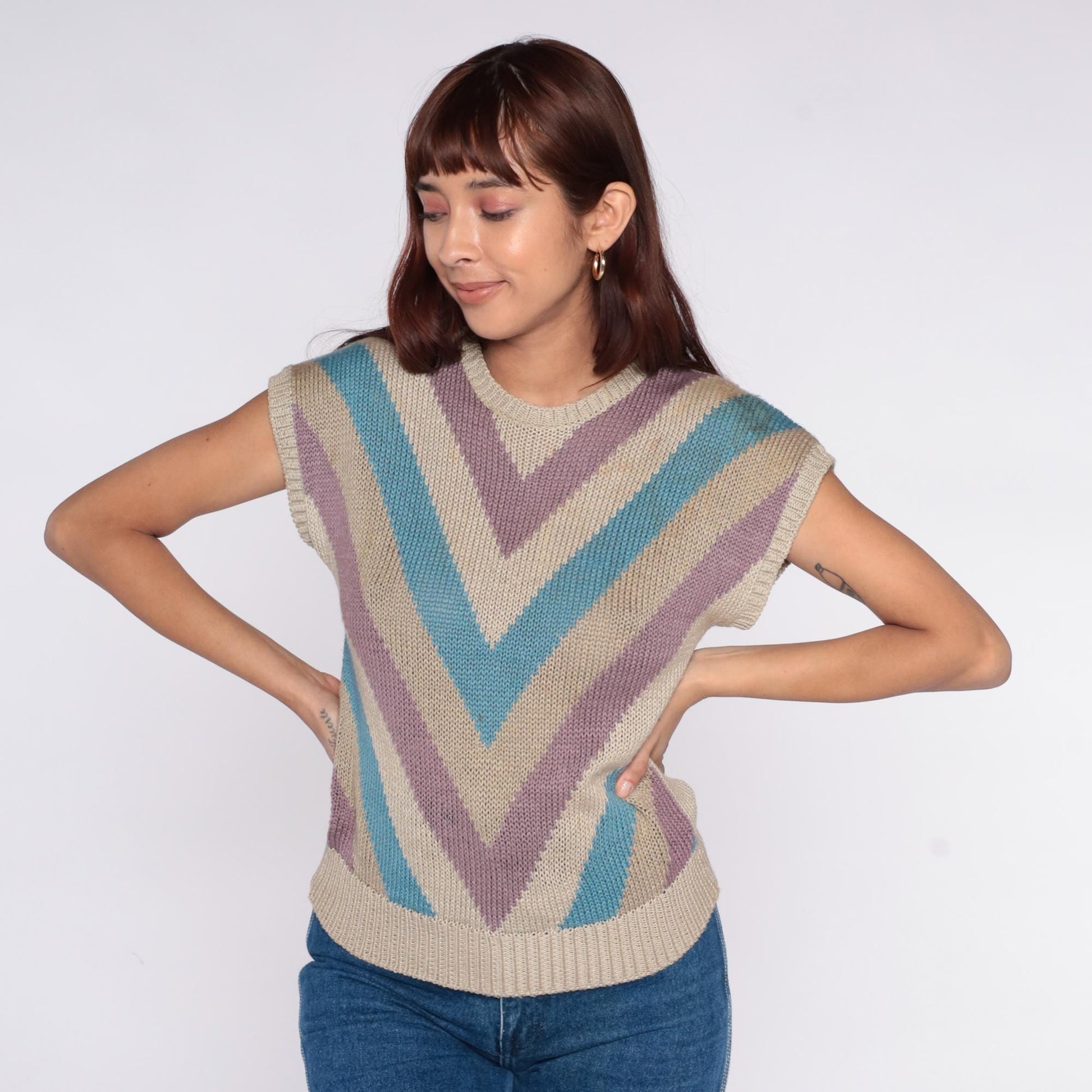80s Chevron Stripe Knit Sweater Purple Turquoise Cream Short Sleeve Small