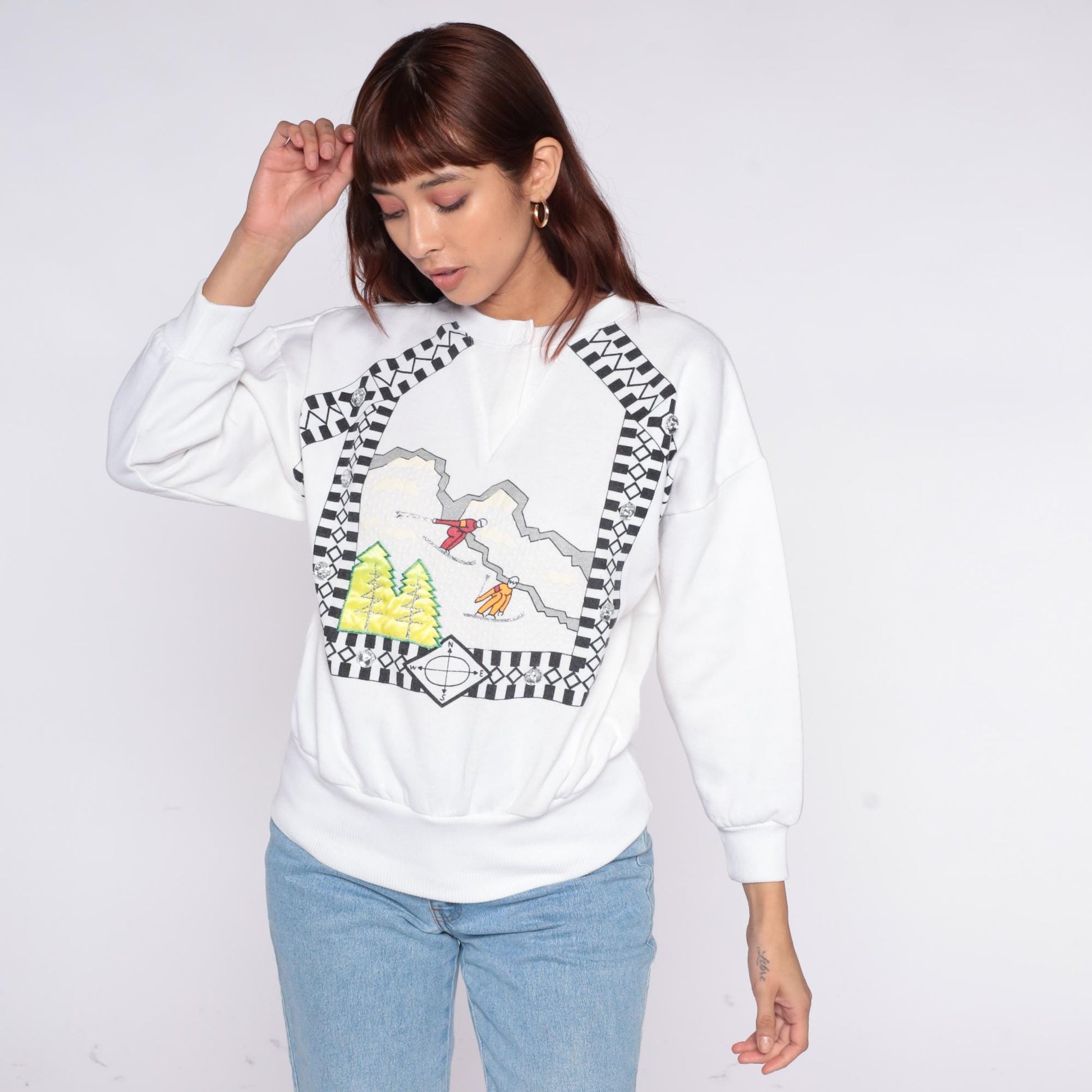 90s Cristina Ski Sweatshirt White Graphic Mountain Scene Crewneck Medium M