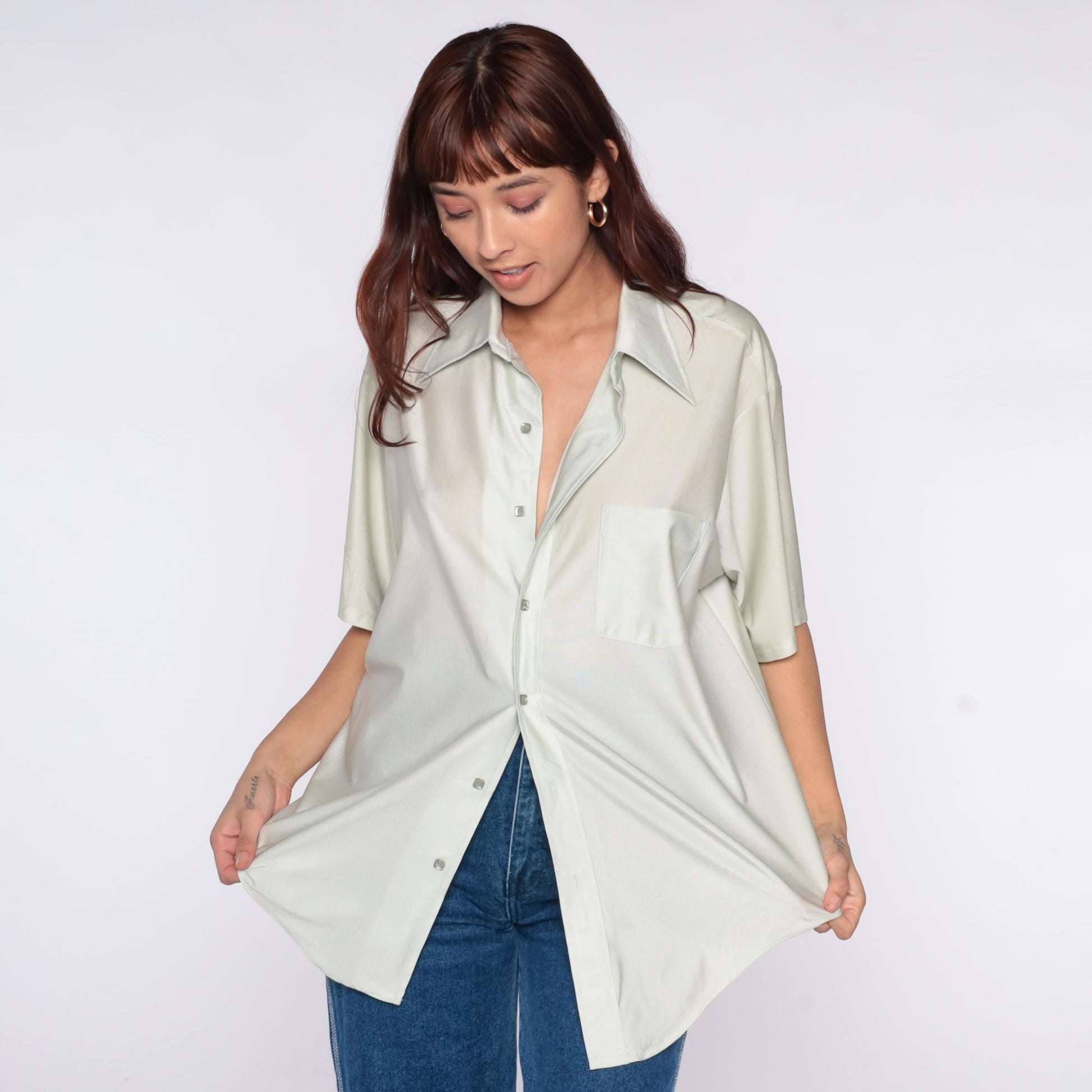 70s Van Heusen Sage Green Short Sleeve Button-Up Shirt Chest Pocket Large L