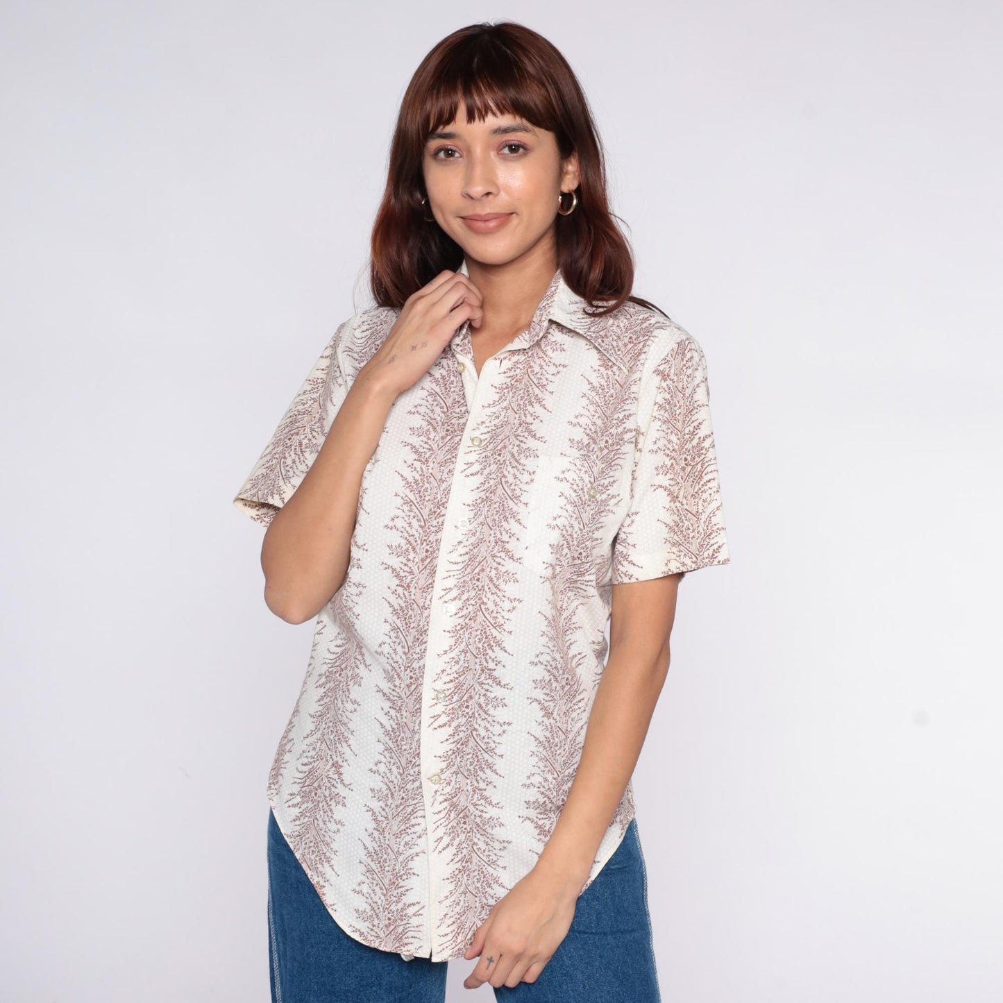 70s Jandy Place Fern Print Button-Up Blouse Cream Brown Short Sleeve Small