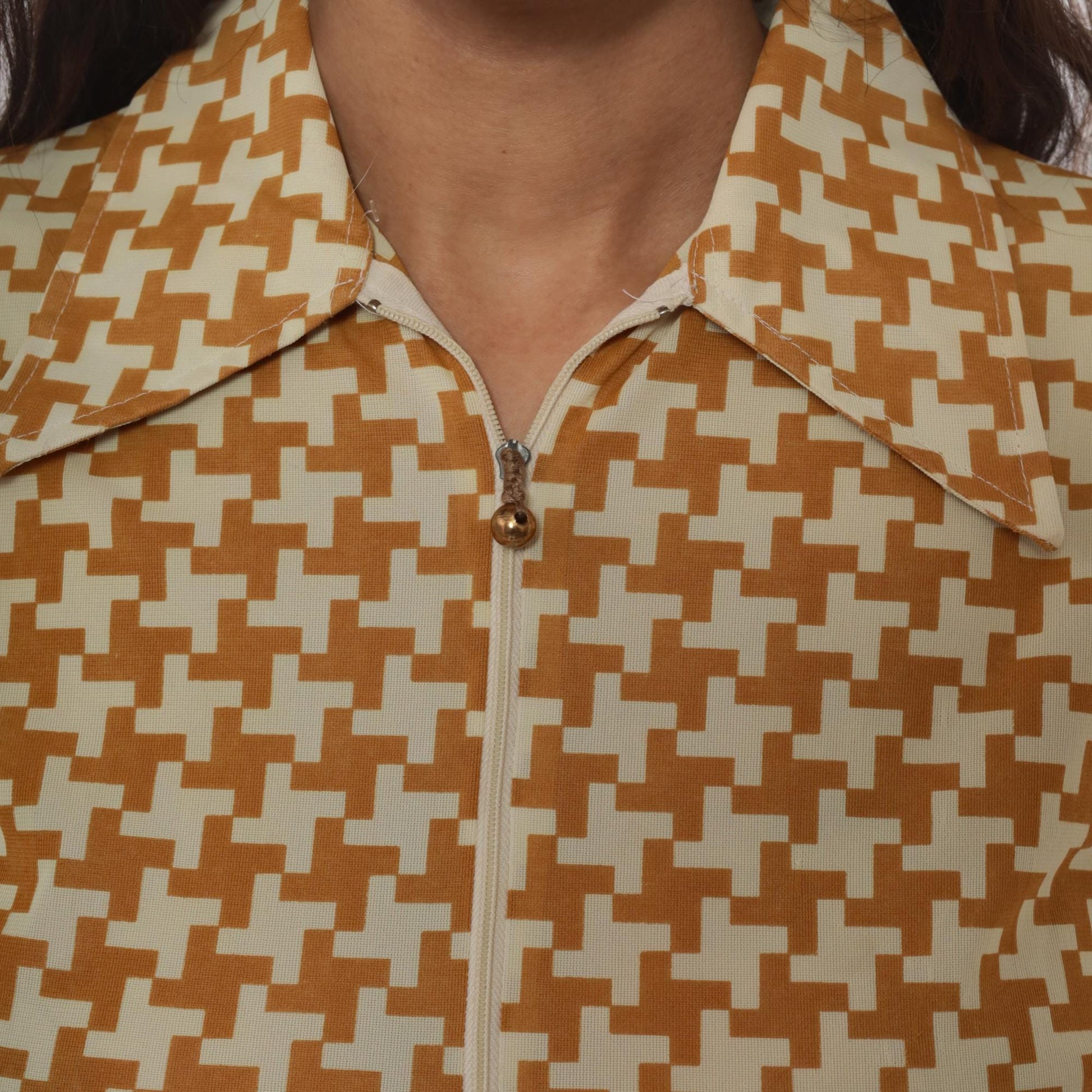 70s Houndstooth Polo Zip Front Collared Shirt Yellow Cream Geometric Extra Small