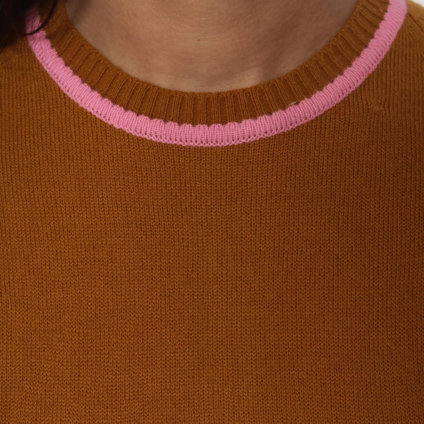 70s Filly Fashion Mustard Knit Sweater Pink Trim Cropped Back Zip Small S