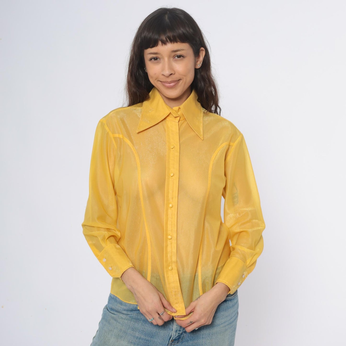 80s Lady Marlboro Yellow Nylon Blouse Button Front Pointed Collar Medium