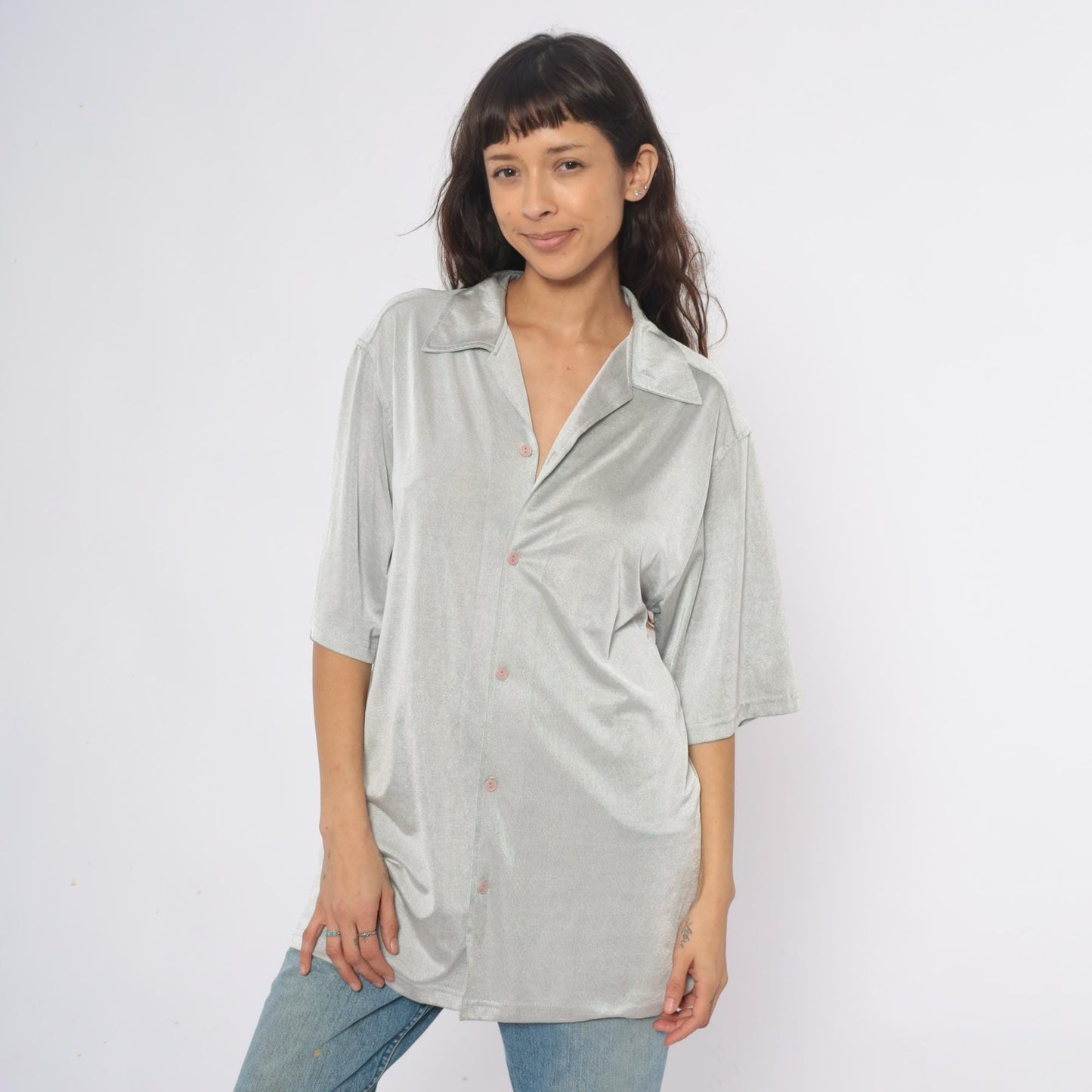 90s Silver Button-Front Tunic Shirt Three-Quarter Sleeve Extra Large XL