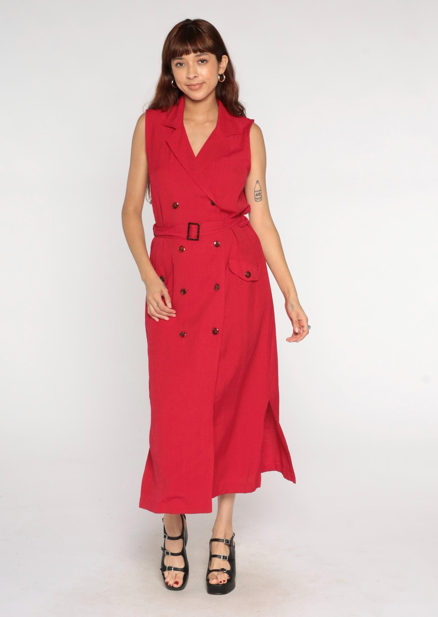 90s Sag Harbor Red Midi Dress Sleeveless Button Front Belted Notched Collar Large