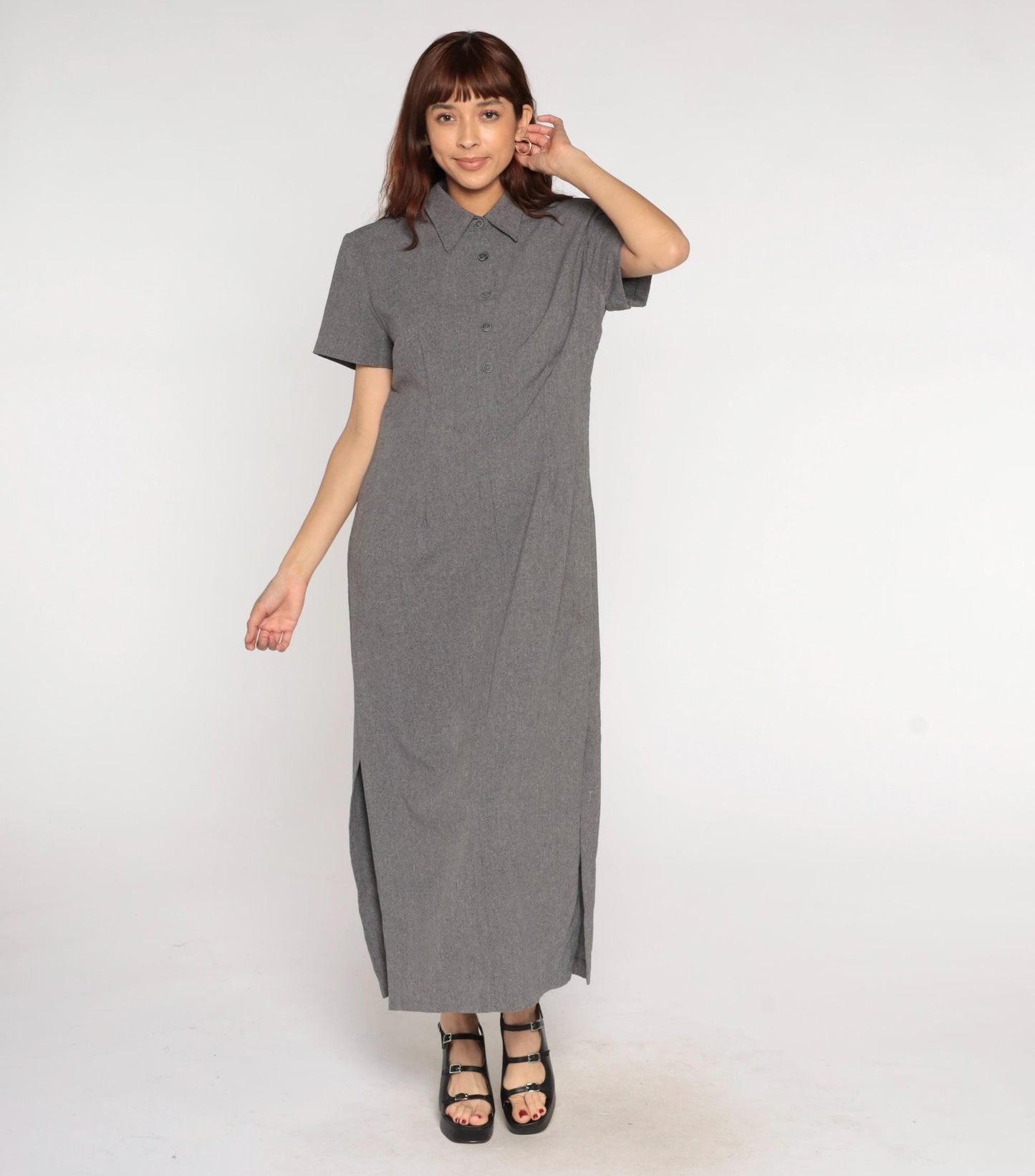 90s Grey Collared Shirt Dress Maxi Polyester Column Short Sleeve Large L