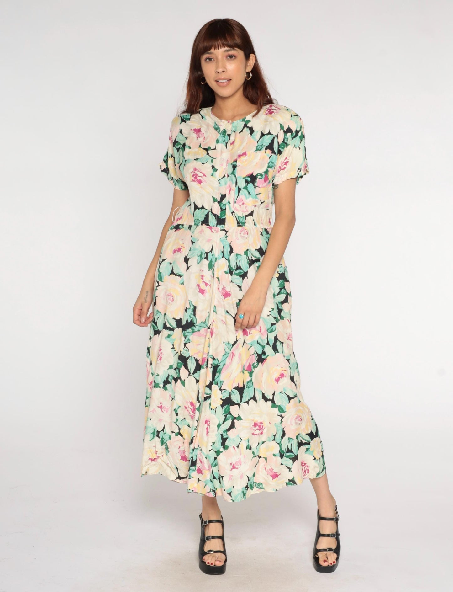 90s Carol Anderson Pastel Floral Maxi Dress Cream Pink Yellow Green Medium