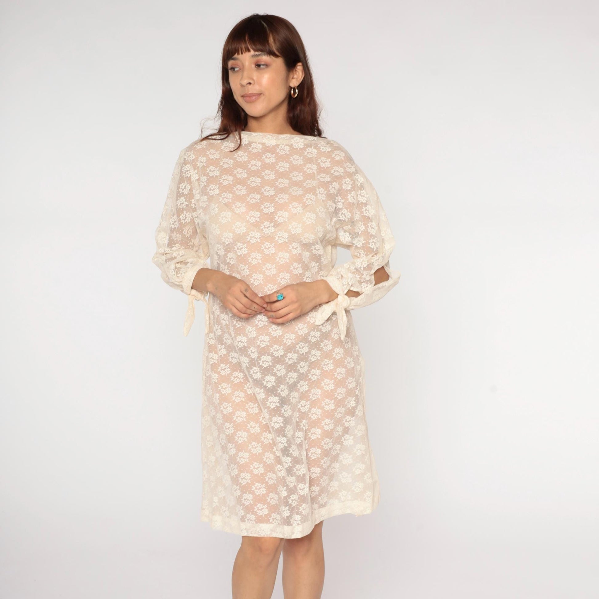 70s Cream Floral Lace Dress Knee Length Sheer Boat Neck Tie Cuff Small