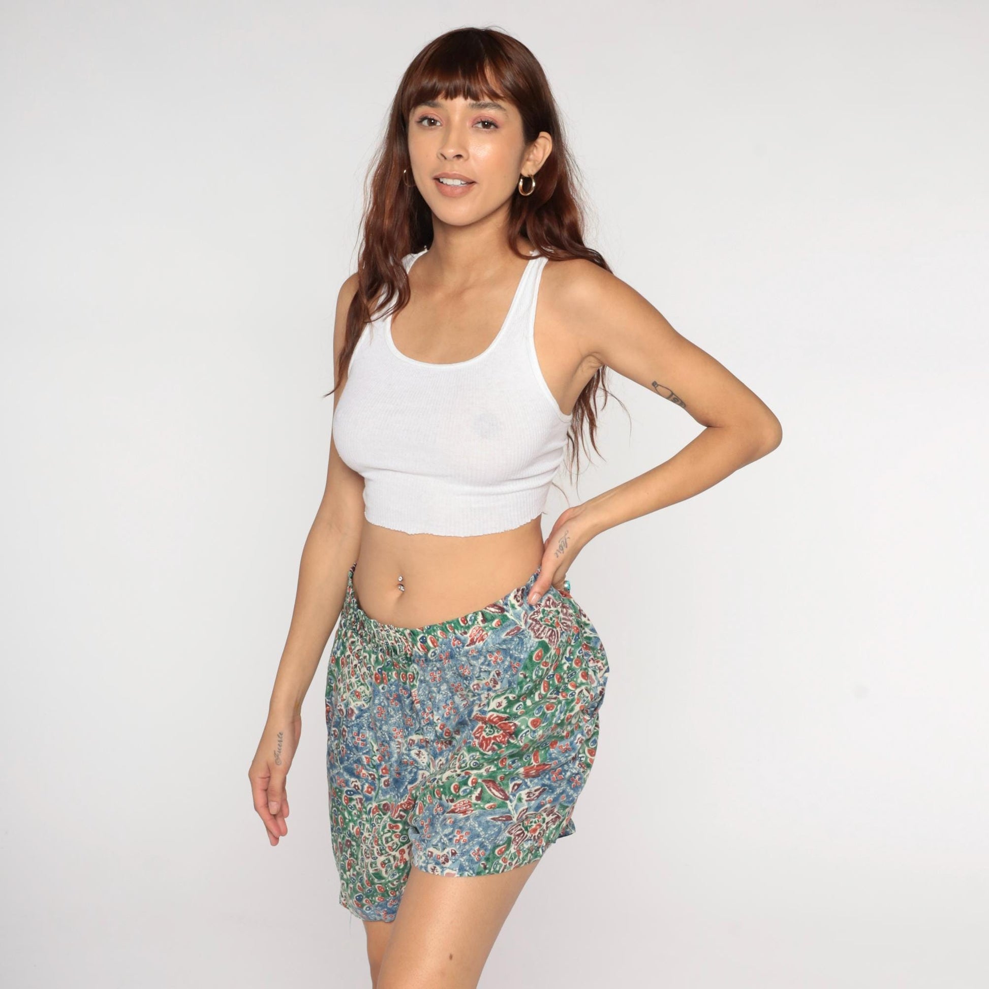 Y2K Solutions Silk Shorts Floral Abstract Blue Green High Rise Medium M