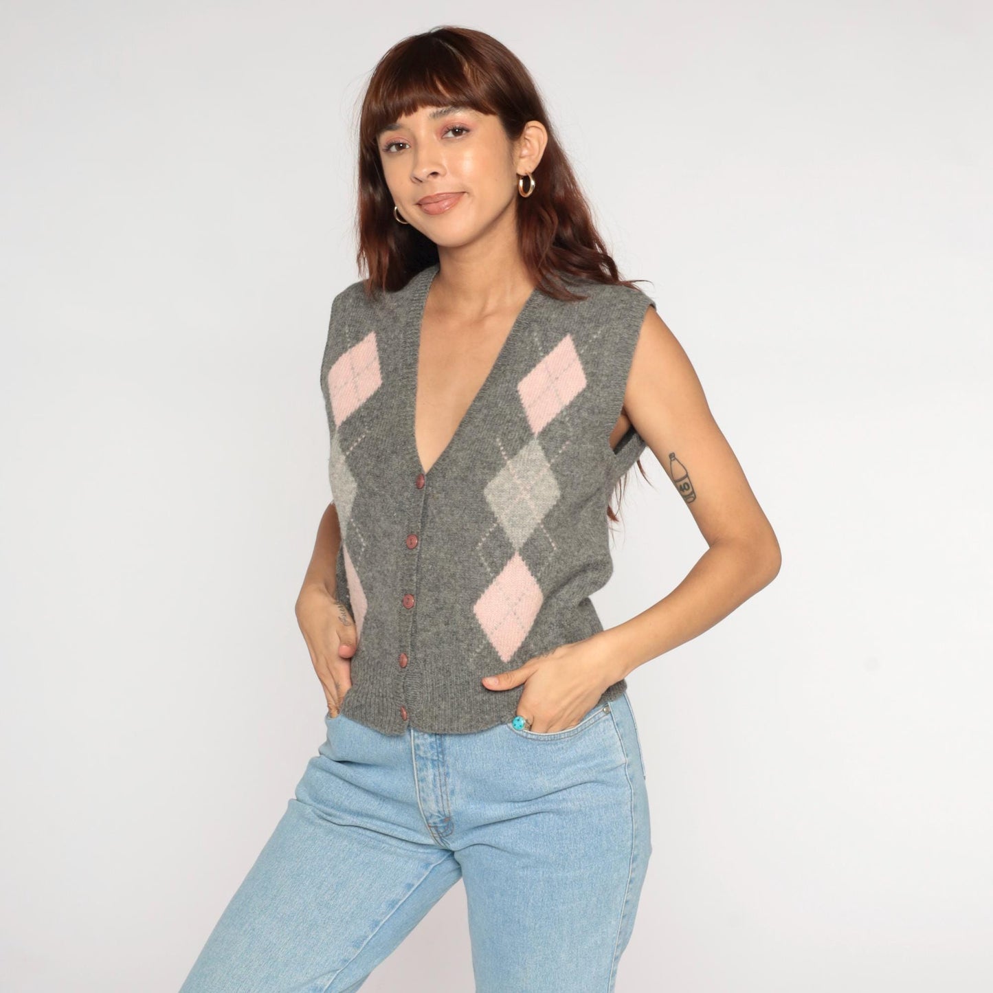 80s Casual Corner Argyle Wool Sweater Vest Grey Pink Cream Medium M