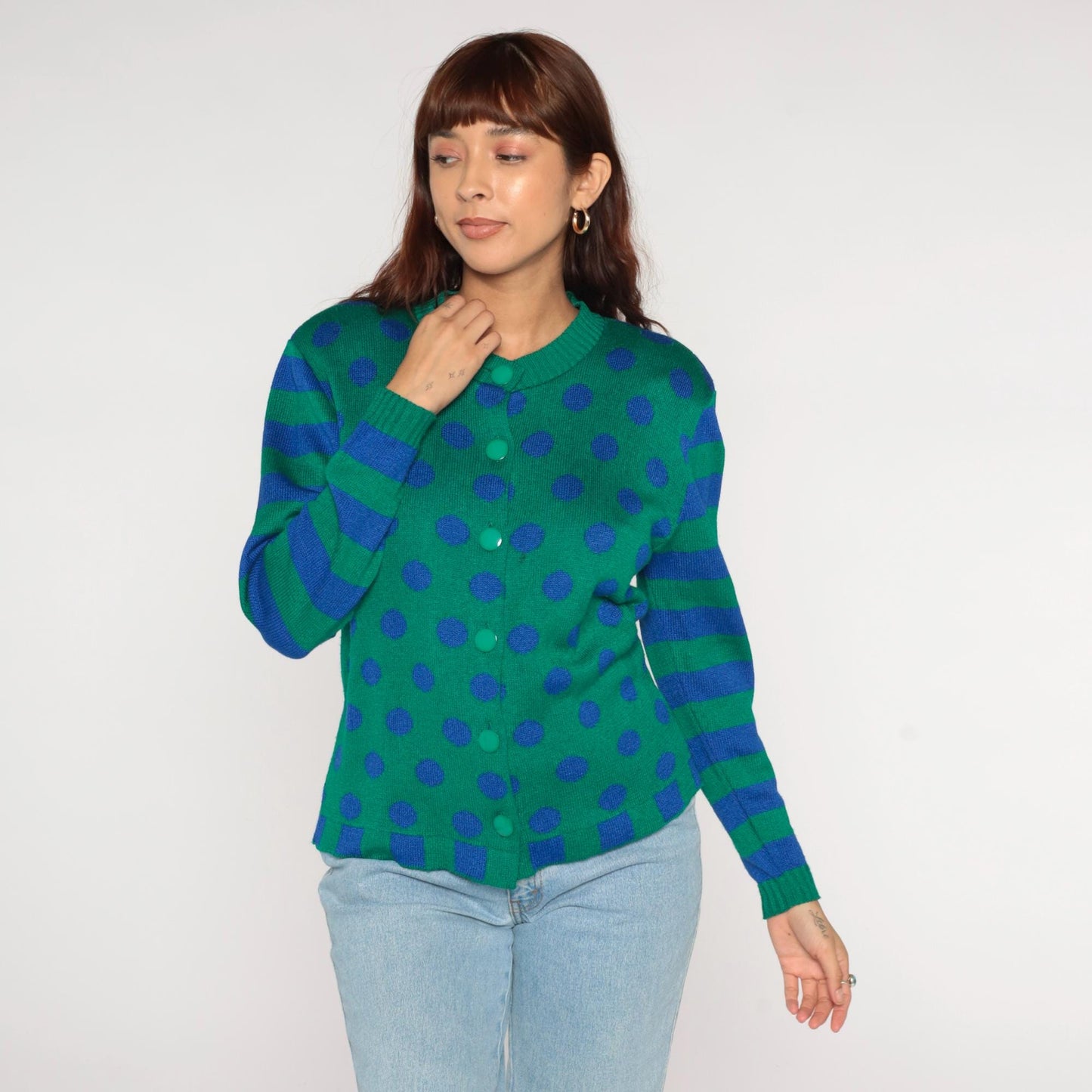 80s Ami Knits Cardigan Green Polka Dot Blue Striped Sleeves Large L